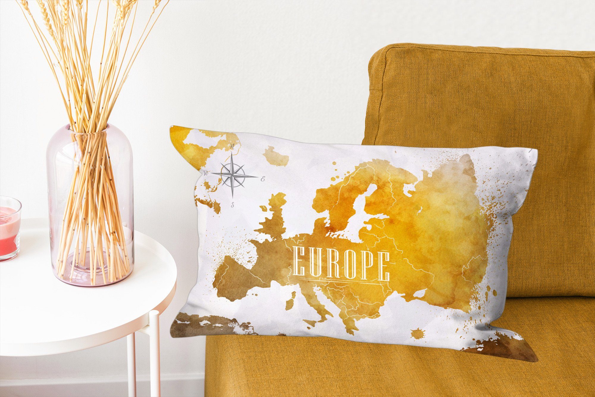 - Wohzimmer Europa Zierkissen, Dekoration, Füllung, - Schlafzimmer mit Gold, Weltkarten Dekokissen Dekokissen MuchoWow