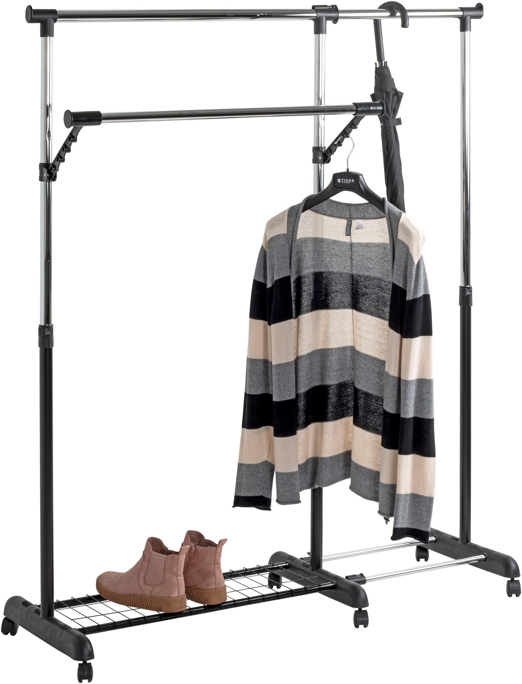 HAKU Garderobenständer Garderobe, Garderobenständer, Kleiderständer auf Rollen, Kleiderwagen, rechteckig - aus Metall Schwarz - B/T/H 94-160/49/103-170 cm