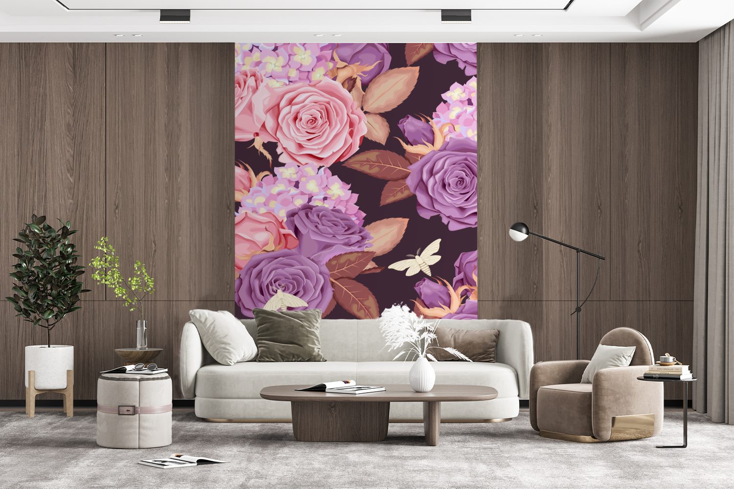 Vinyl Wohnzimmer, MuchoWow - Wandtapete bedruckt, Lila (3 Matt, - St), Blumen Fototapete Tapete Schmetterlinge, Rosa für - Montagefertig
