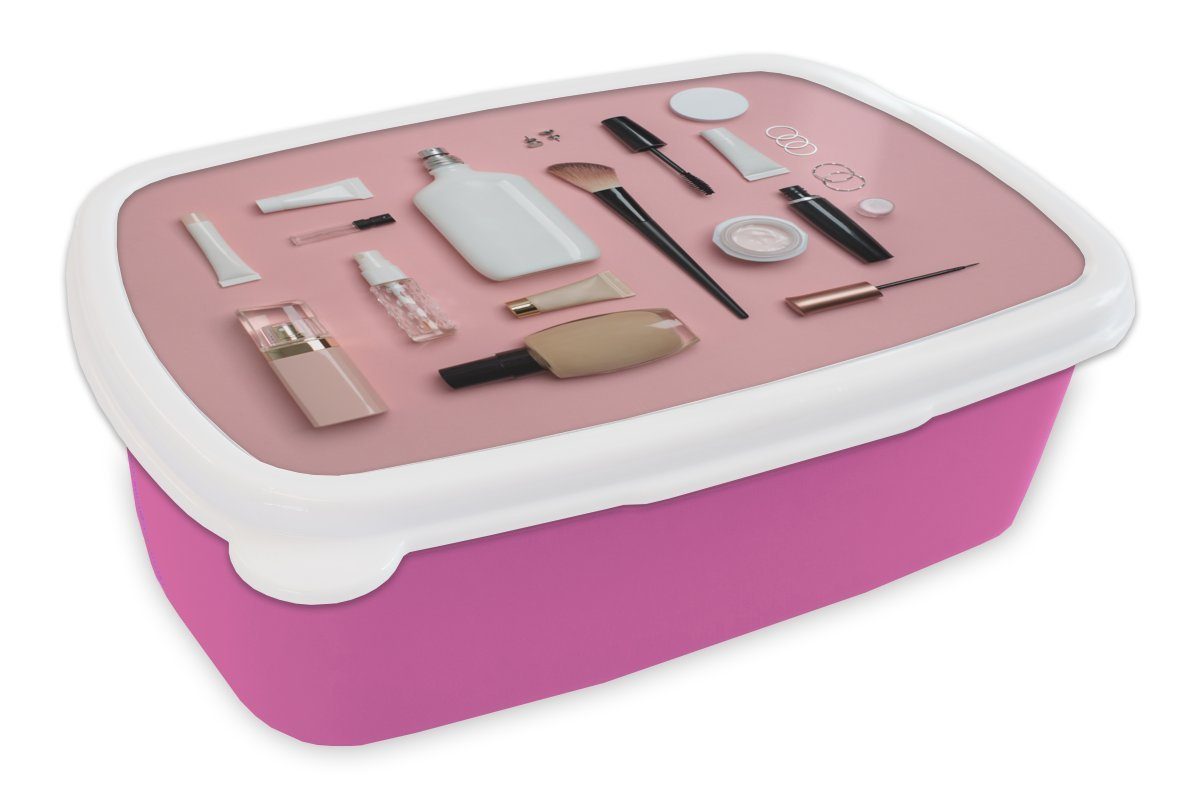 MuchoWow Lunchbox Make-up für Ihr Gesicht, Kunststoff, (2-tlg), Brotbox für Erwachsene, Brotdose Kinder, Snackbox, Mädchen, Kunststoff rosa