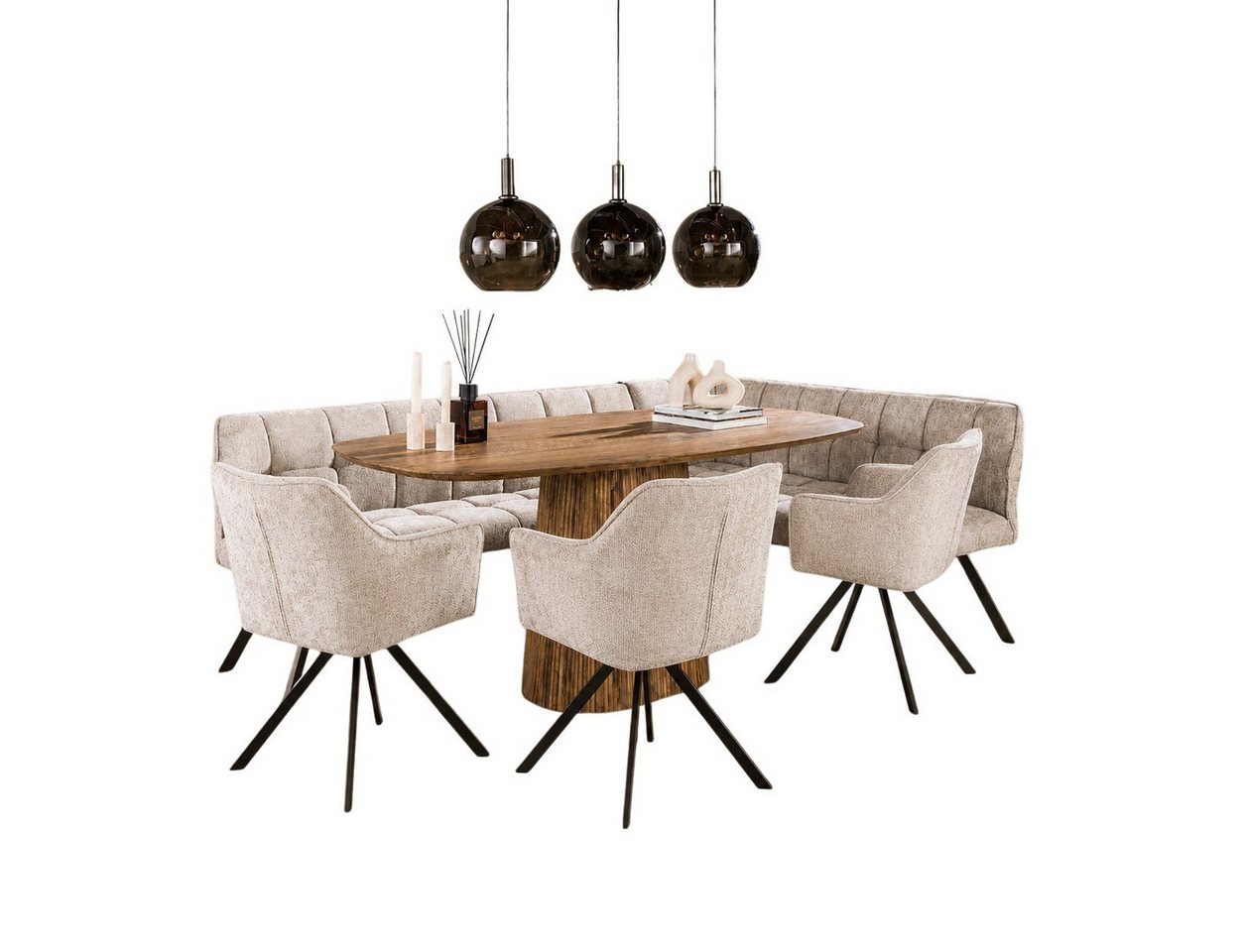 LEVEN Lifestyle Essgruppe RIGO modern mit Eckbank, 3 Drehstühlen & ovalem Massivholztisch