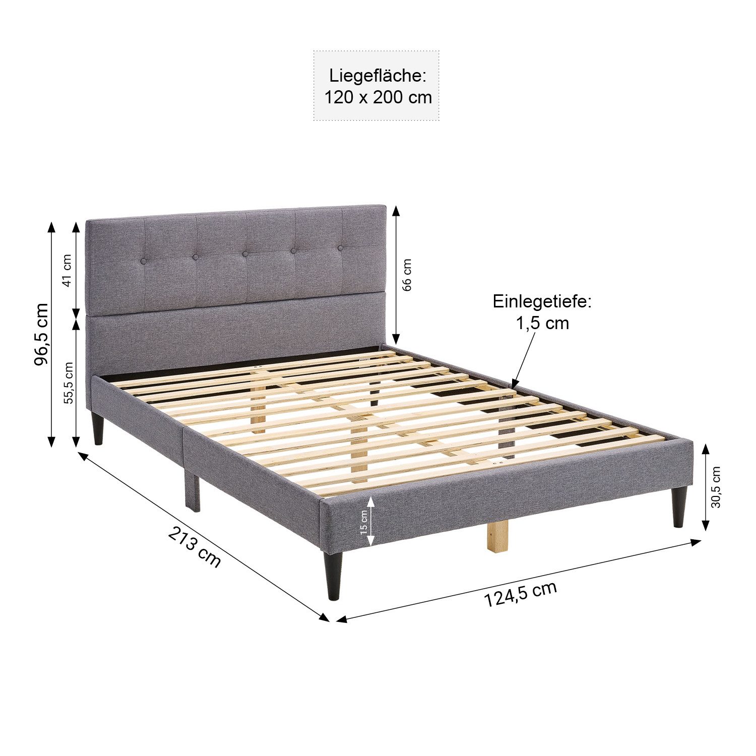 Homestyle4u Polsterbett 120x200 Doppelbett Bettgestell mit Kopfteil gesteppt Grau (Set, Bettgestell mit Lattenrost, Anleitung)