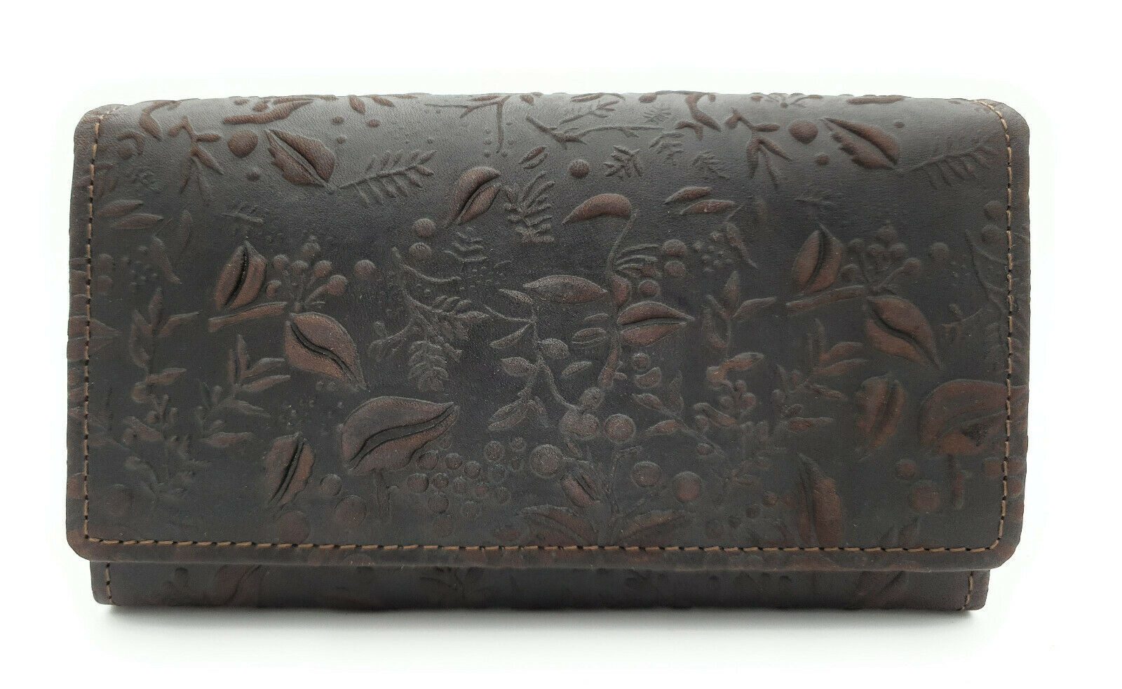 Hill Burry Geldbörse echt Leder Damen Portemonnaie, florale Prägung, mit RFID Schutz, schokoladen-braun