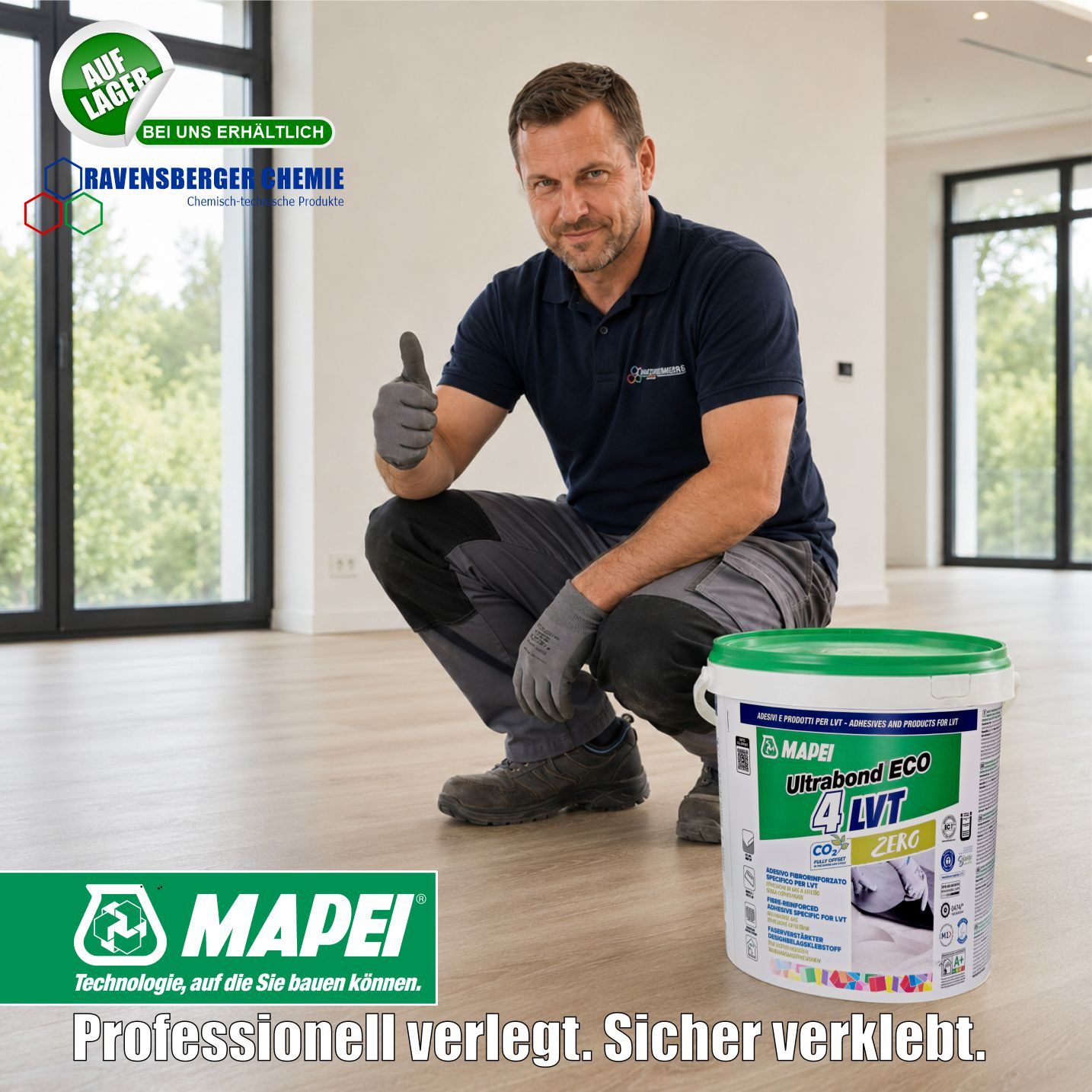 MAPEI PVC-Kleber Ultrabond Eco 4 LVT Zero Designbelagsklebstoff - 14 kg, Faserverstärkter Klebstoff für LVT, Designbeläge, SPC und PVC