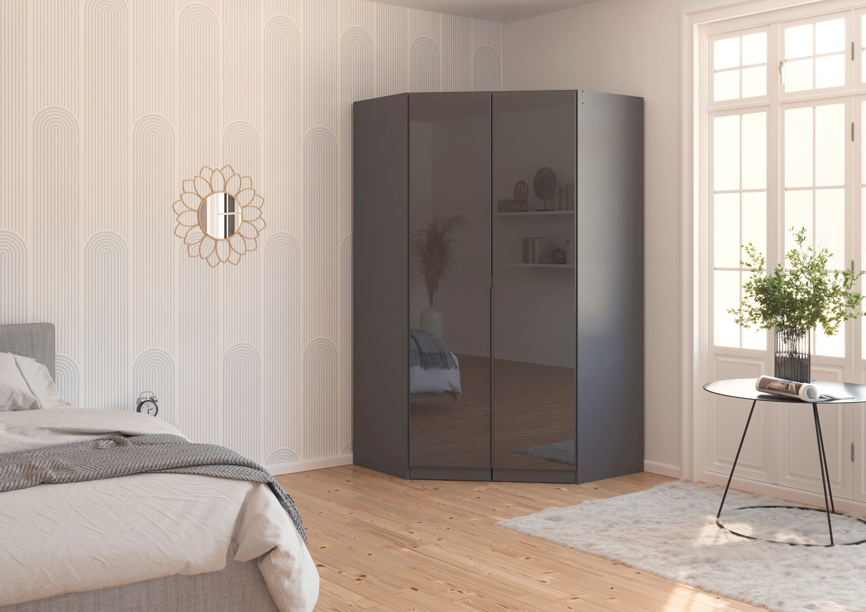 OTTO home Eckkleiderschrank Kleiderschrank Schrank Ankleidezimmer Schlafzimmer Garderobe AGORDO (in zwei Griff-Farben, Breite/Tiefe 117x117 cm, Höhen 210/229 cm) mit Glastüren, voll ausgestattet mit viel Stauraum MADE IN GERMANY