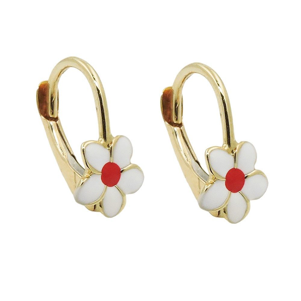 Paar Ohrhänger Ohrringe Blümchen mit Brisur, weiß-rot, 375 Gold