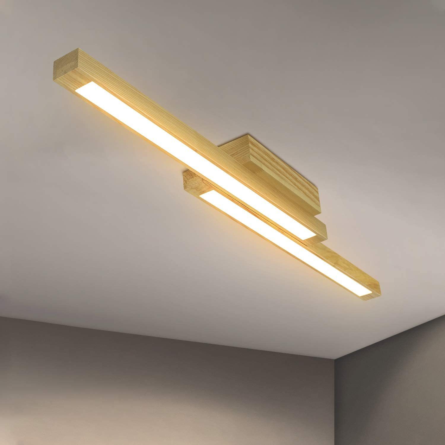 ZMH LED Deckenleuchte 3000K Holz Wohnzimmerlampe 114cm Lang 2-flammig, LED  fest integriert, Warmweiß