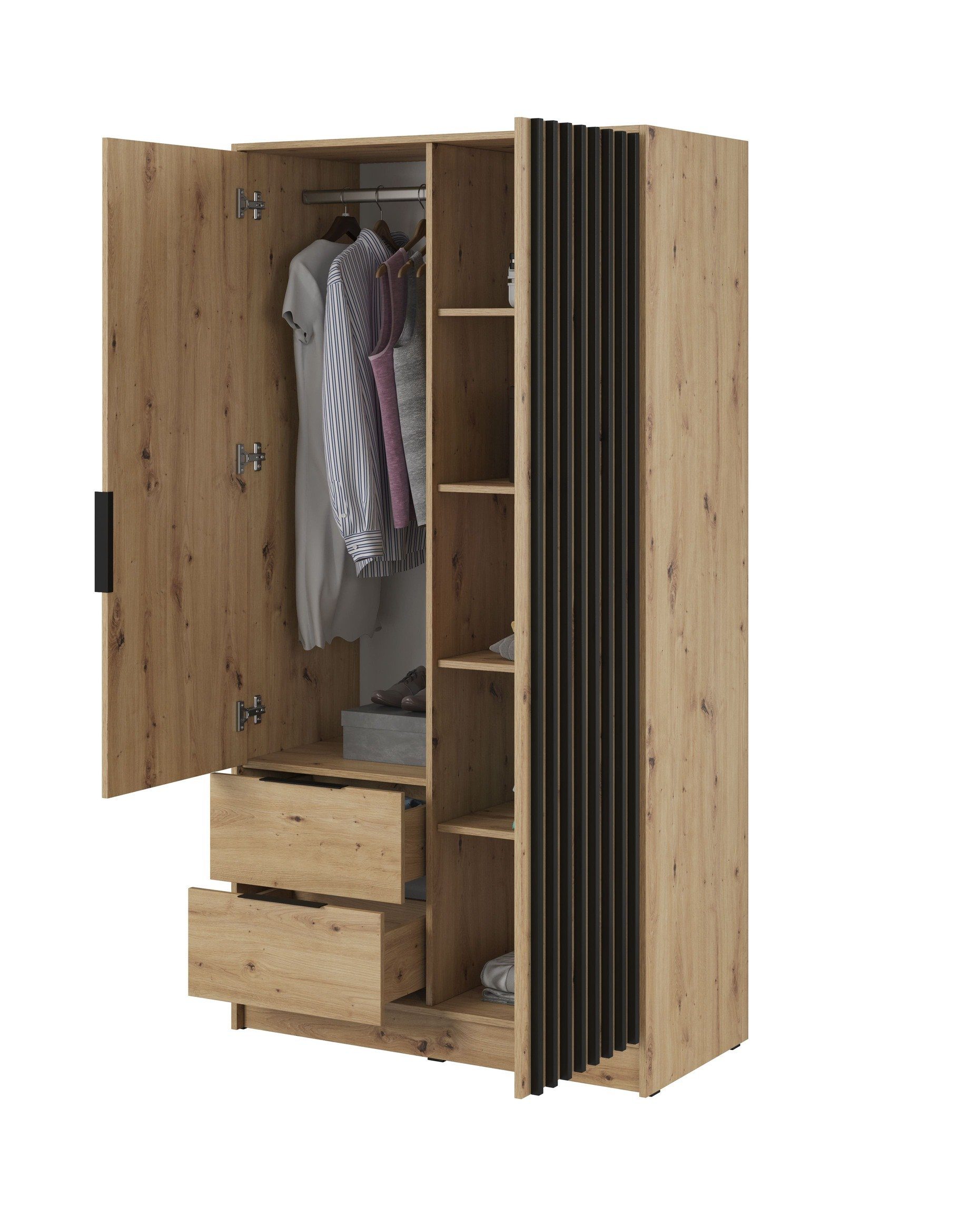 MOEBLO Kleiderschrank JOHN mit Erweiterung (Latten aus Holz, Loft Stil IndustrieSchrank Aufbewahrungsschrank (Spannstange) mit Regalböden, Schlafzimmerschrank m – Bild 4 von 5