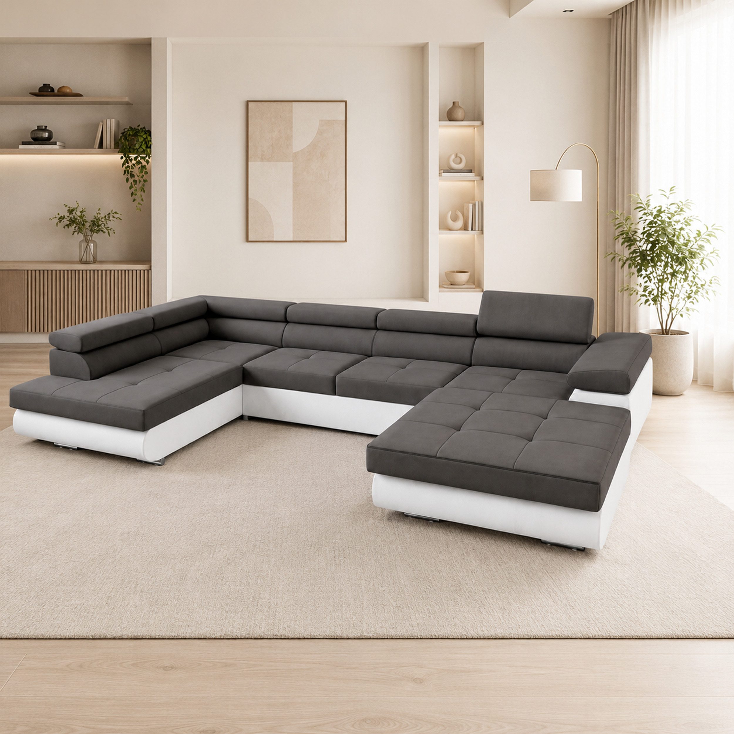 Goldstoff Wohnlandschaft RELAX U Ecksofa mit Schlaffunktion, Kunstleder & Samt, 345 × 205 cm, zwei Bettkästen, verstellbare Kopfstützen