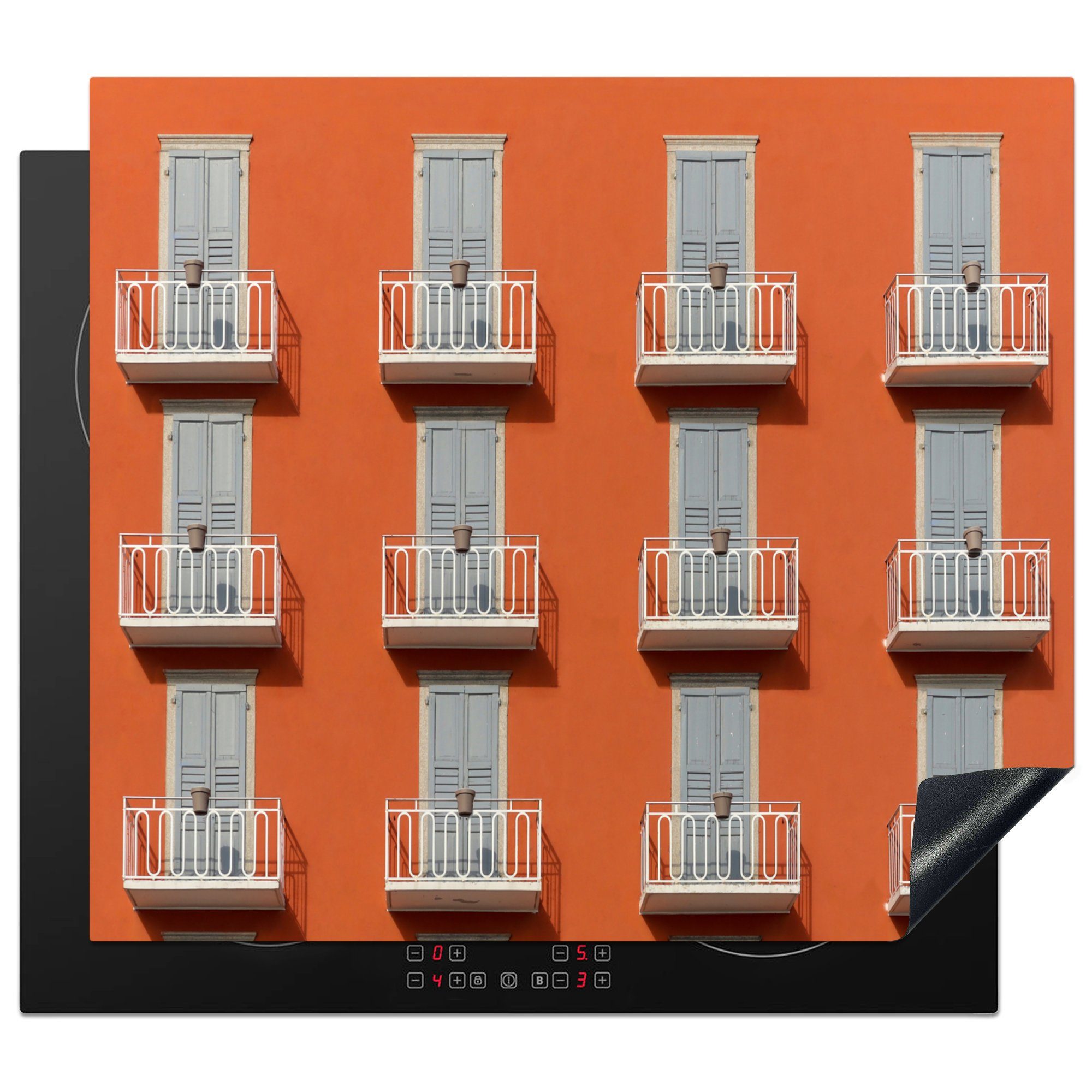 MuchoWow Herdblende-/Abdeckplatte Tür - nutzbar, (1 Arbeitsfläche Architektur - Mobile Orange, Ceranfeldabdeckung Vinyl, - 60x52 - cm, Palme tlg), Balkon