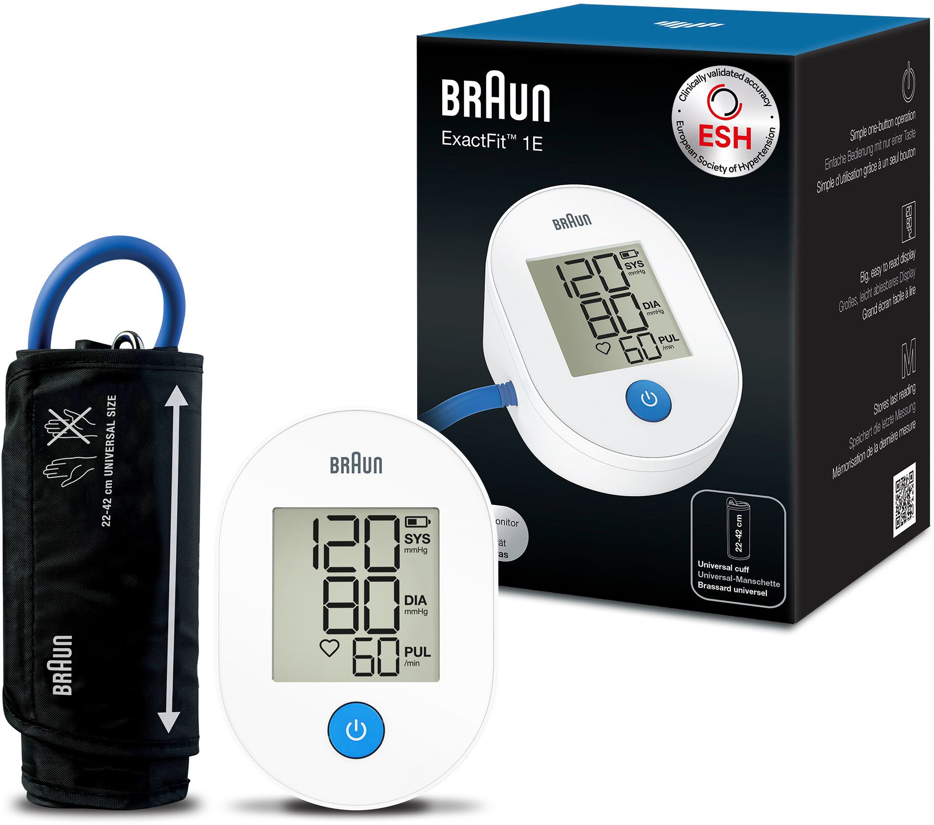 Braun Oberarm-Blutdruckmessgerät ExactFit 1E BUA4000EU, Einfache Bedienung, leicht ablesebares Display, Universalmanschette