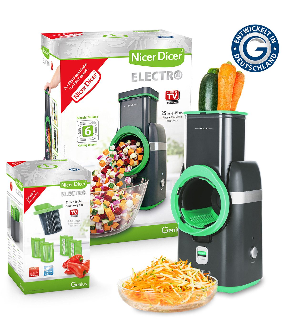 Genius Gemüseschneider Nicer Dicer Electro Deluxe 32 tlg, Gemüsehobel elektrisch, 9 Einsätze, 80 W, Extra-scharfe G-NOX Edelstahlklingen, einfache Reinigung, kompakt