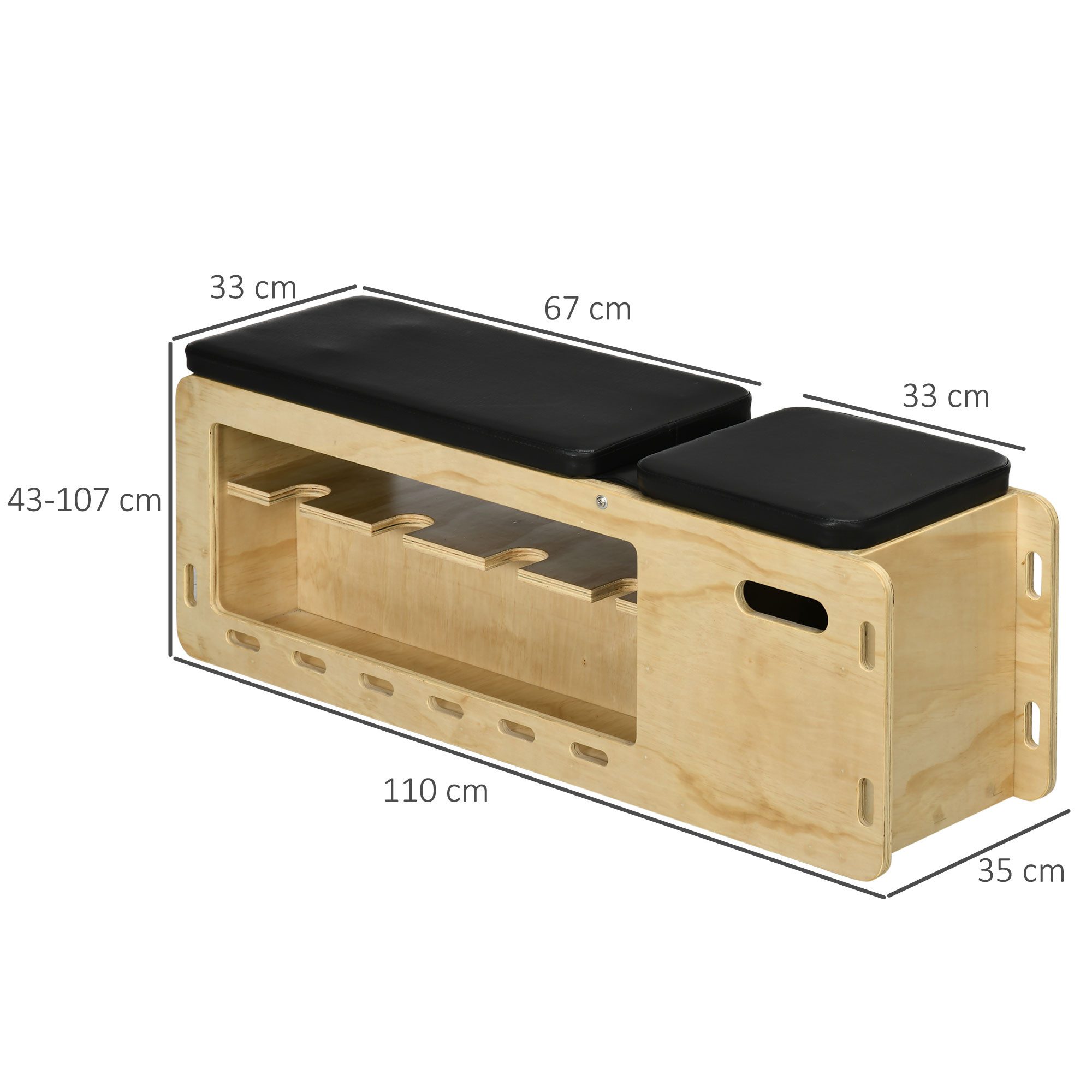 HOMCOM Hantelbank mit Aufbewahrungsbox und Widerstandsbändern, (Trainingsbank, 1-tlg., Verstellbare Fitnessbank), für Gewichtheben, Krafttraining, Massivholz