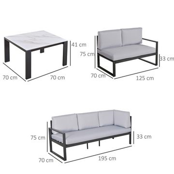 Outsunny Sitzgruppe 3-tlg. Gartenmöbel-Set mit Couchtisch Sofa mit Kissen, (Gartengarnitur, 3-tlg., Gartenset), Outdoor Aluminium Grau 195B x 70T x 75H cm
