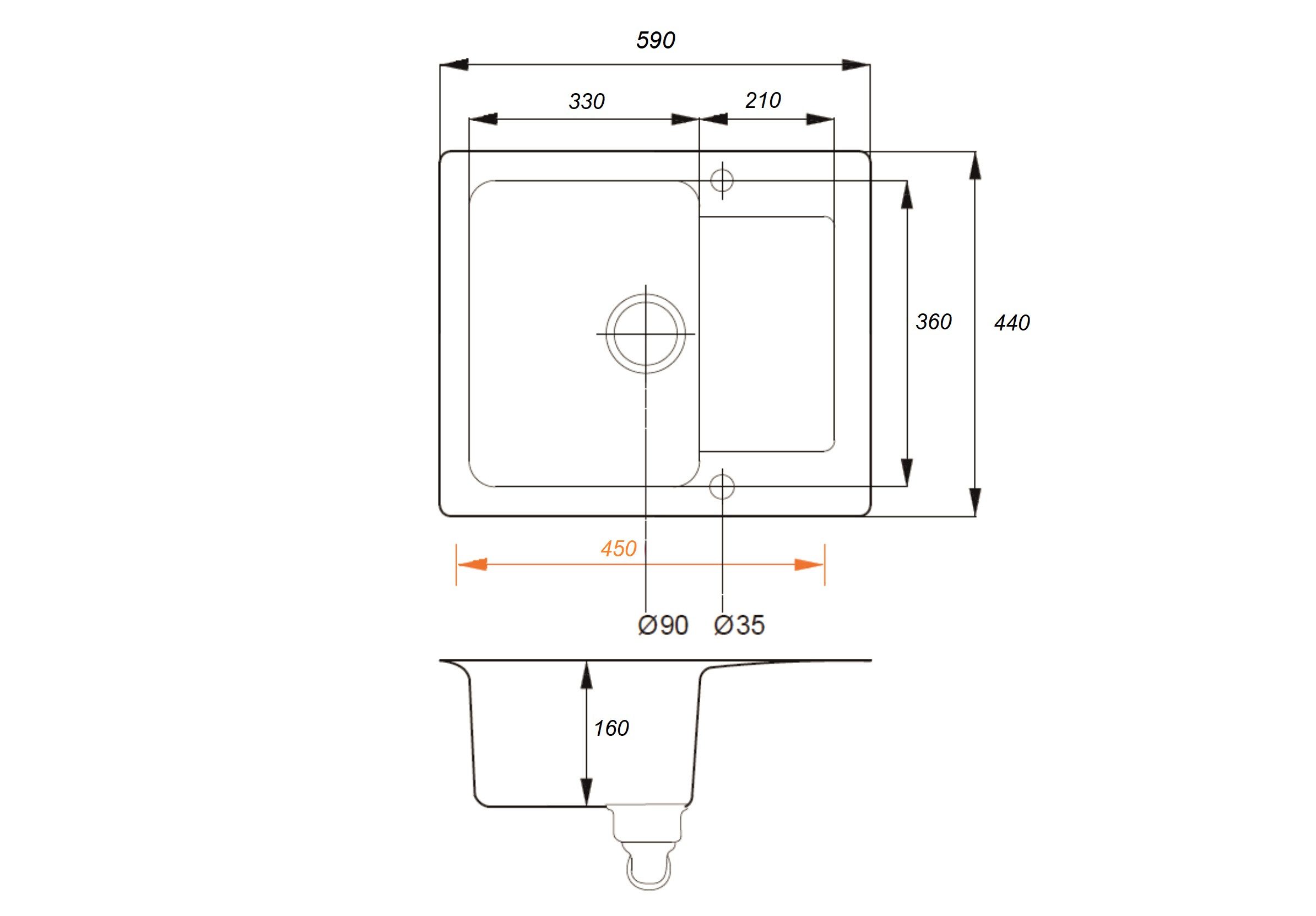 manestein Granitspüle Rino Granit Küchenspüle mit Schwarz Armatur und Siphon 59x44cm, Rechteck, 59/16 cm, (inklusive ablaufgarnitur und Armatur), mit verkürzte Abtropffläche
