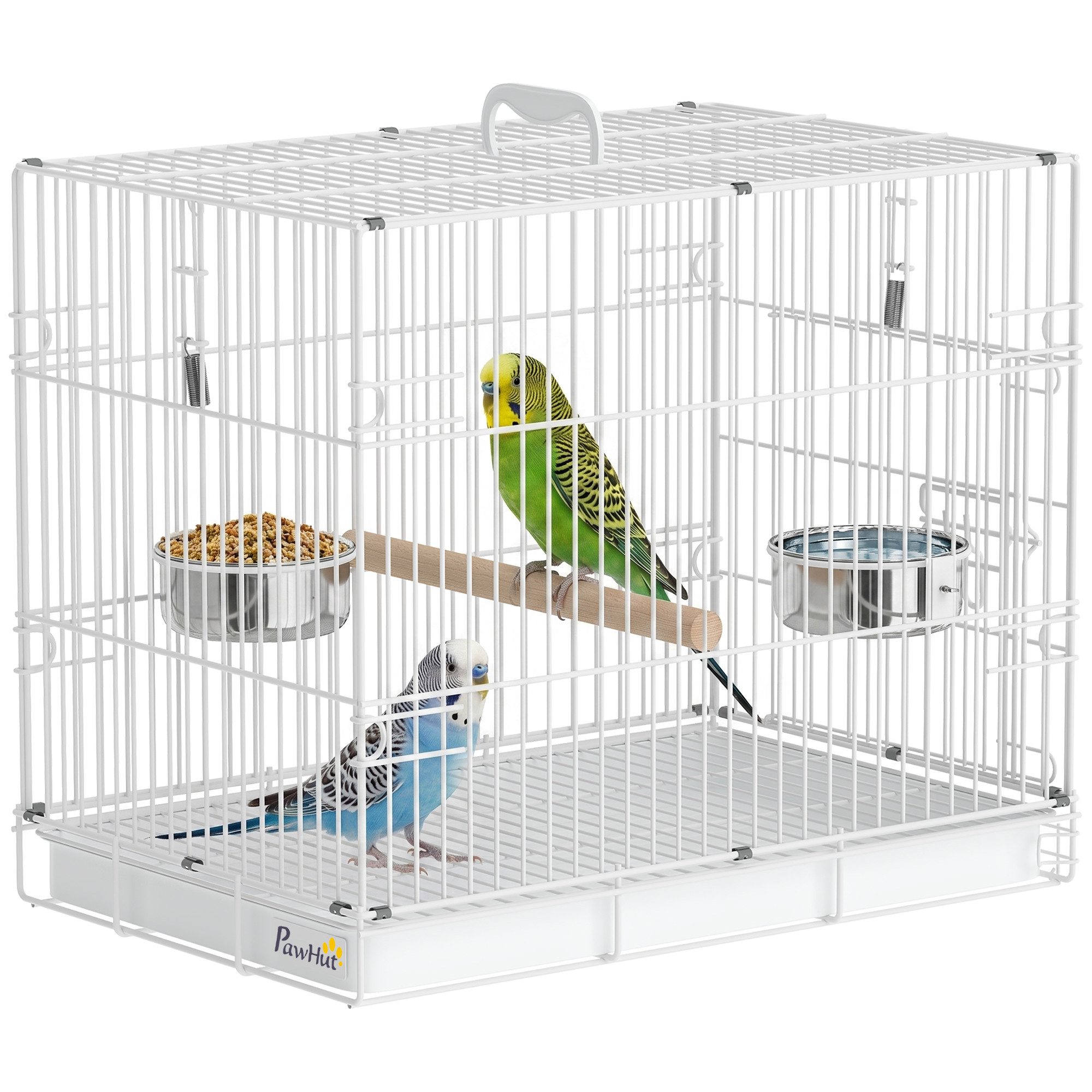PawHut Vogelkäfig Klappbar Vogelhaus mit Holzsitzstange, für Wellensittiche, Nymphensittiche Weiß 49 x 31 x 40 cm