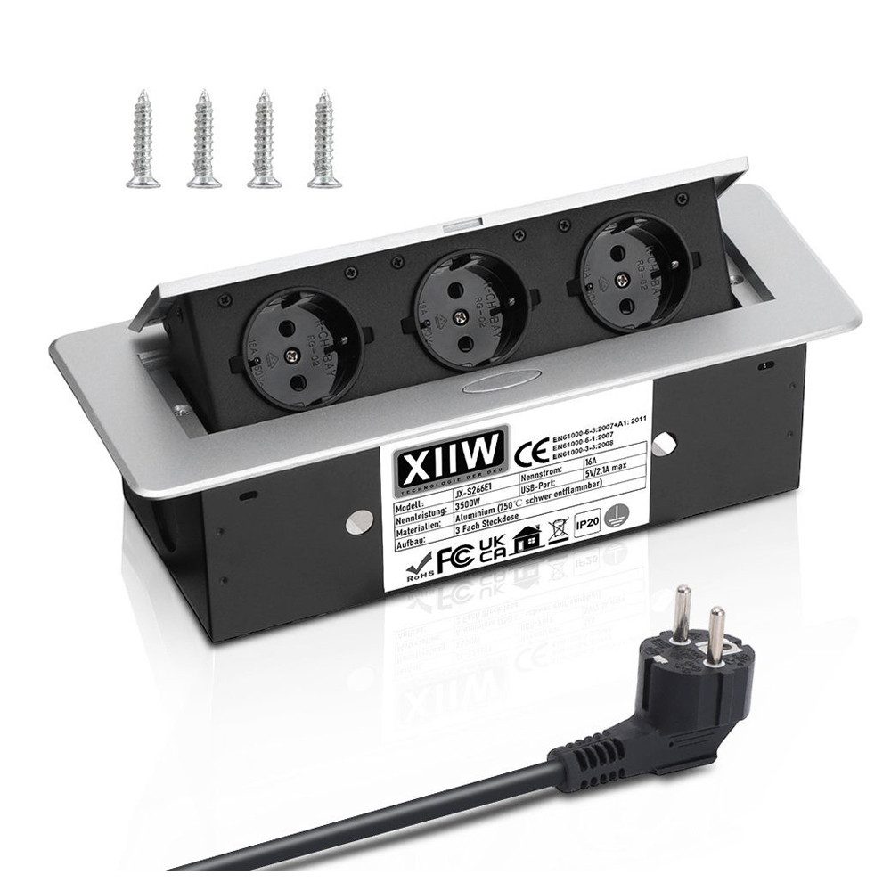 XERSEK Mehrfachsteckdose Versenkbare Unterbau Einbau-Tischsteckdosenleiste Mehrfachsteckdose 3-fach (Netzteil, USB-Anschluss, aus Aluminium, (inkl. Netzteil, Schutzkontaktstecker, Kabellänge 1.8 m), 3 Fach - 230V- 3500W - 26.5*11.8*6.5 cm - Silber, Kabellänge 1.8 m)