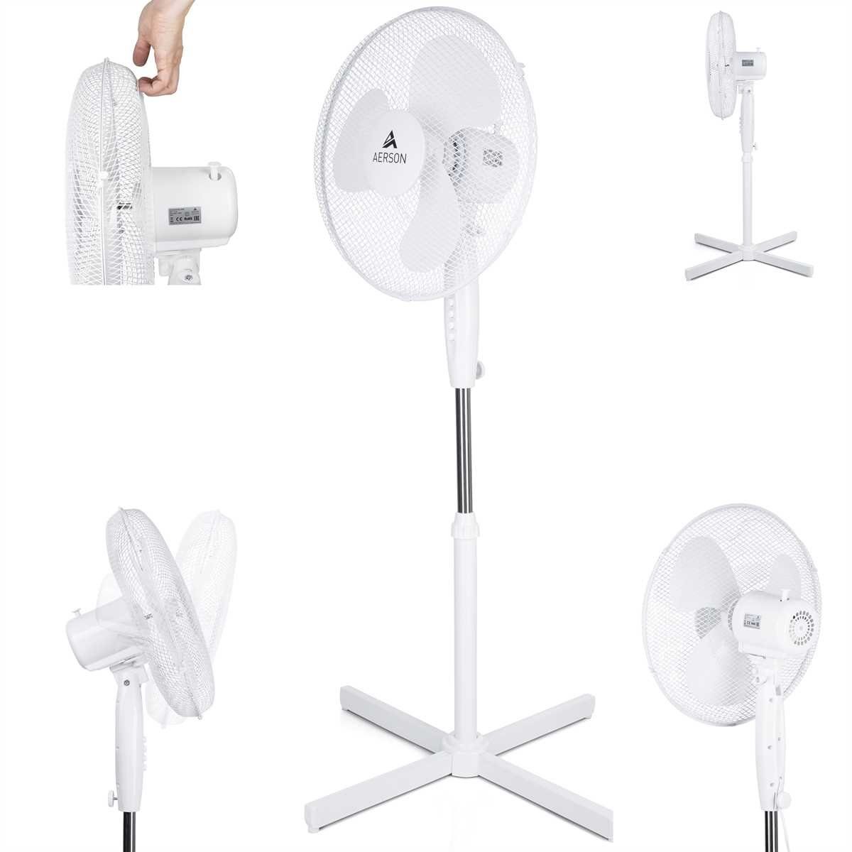 AERSON Standventilator Ventilator Ø40cm, höhenverstellbar Geschwindigkeitsstufen, 120cm, 80° ca. Oszillation 3 bis Weiß