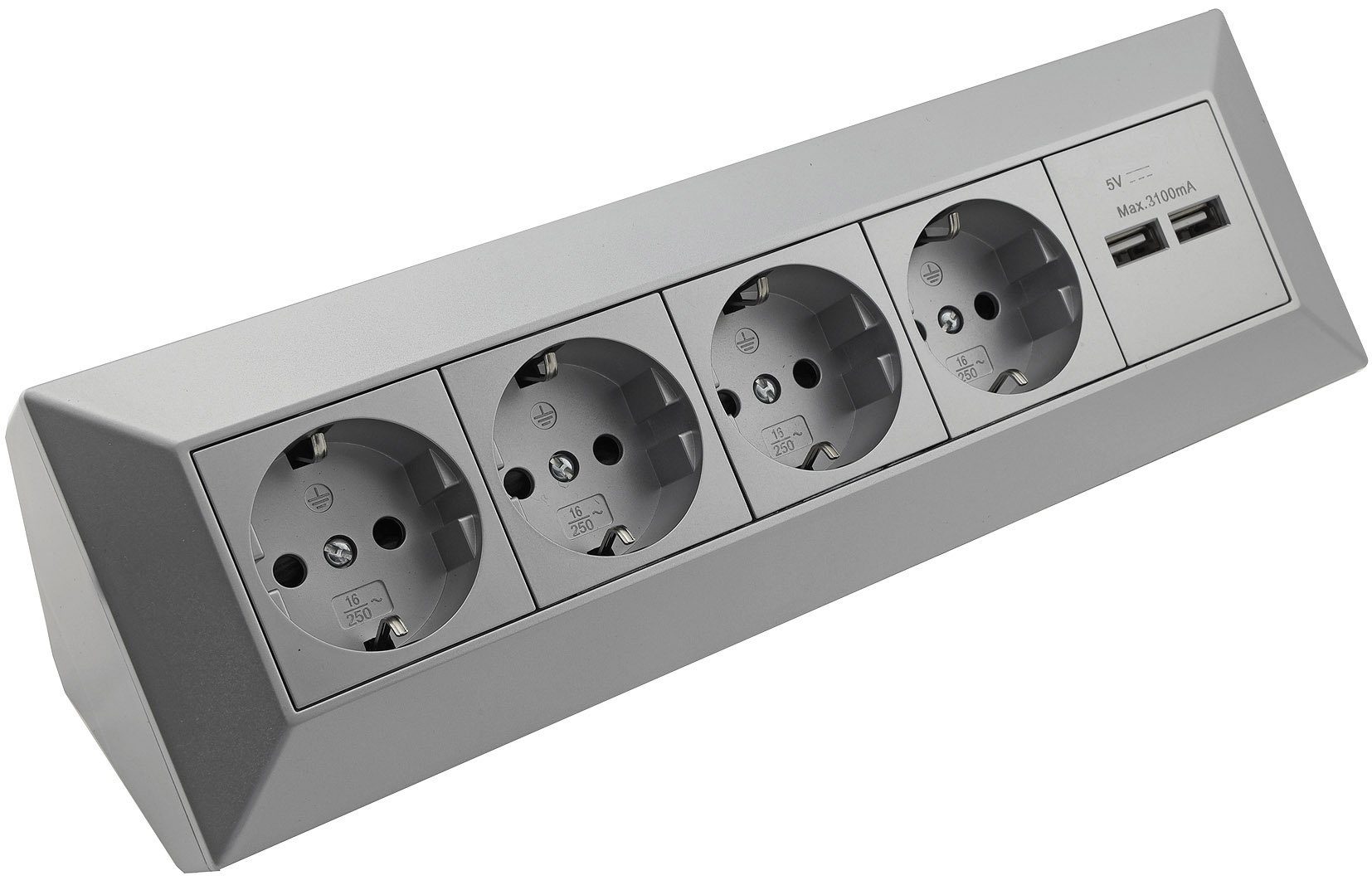 ChiliTec 4-fach Steckdosenblock + 2x USB, silber Mehrfachsteckdose