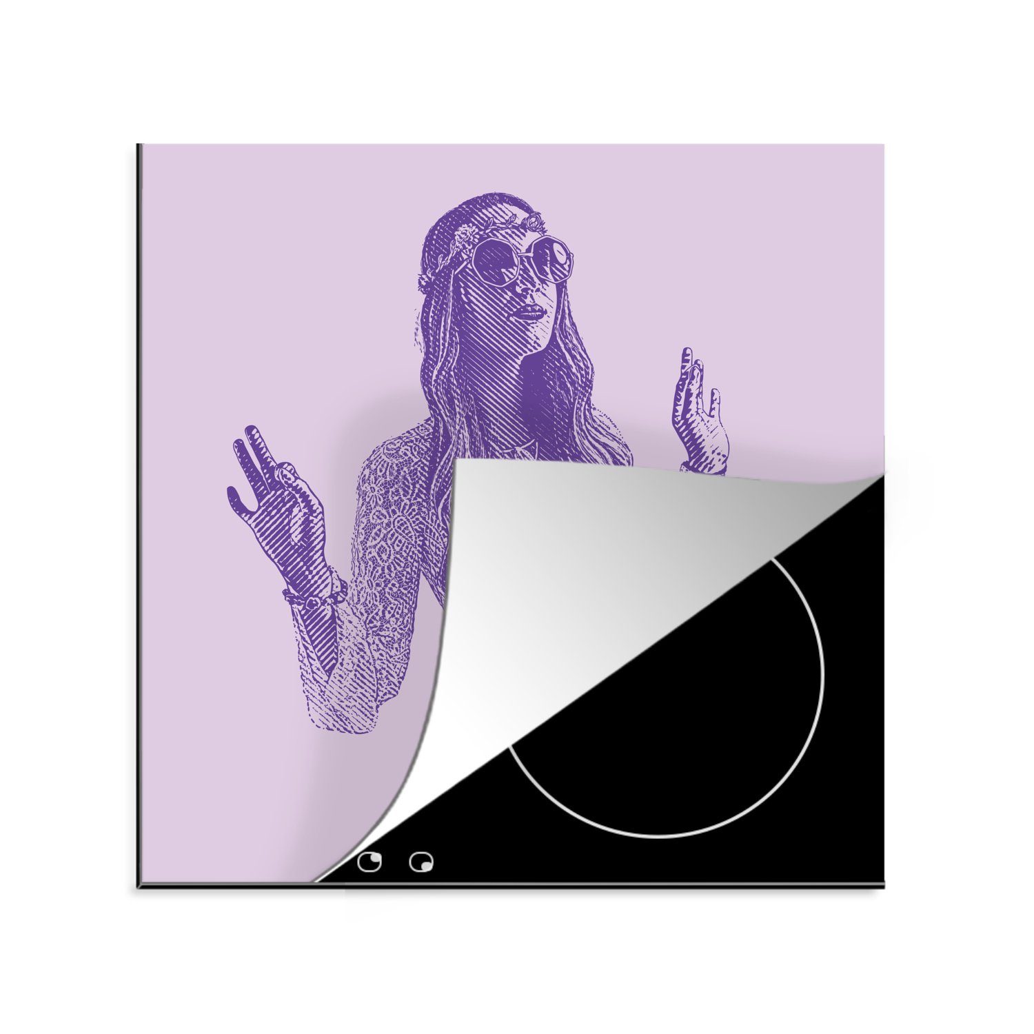 MuchoWow Herdblende-/Abdeckplatte Eine Illustration einer jungen Hippie-Frau, Vinyl, (1 tlg), 78x78 cm, Ceranfeldabdeckung, Arbeitsplatte für küche