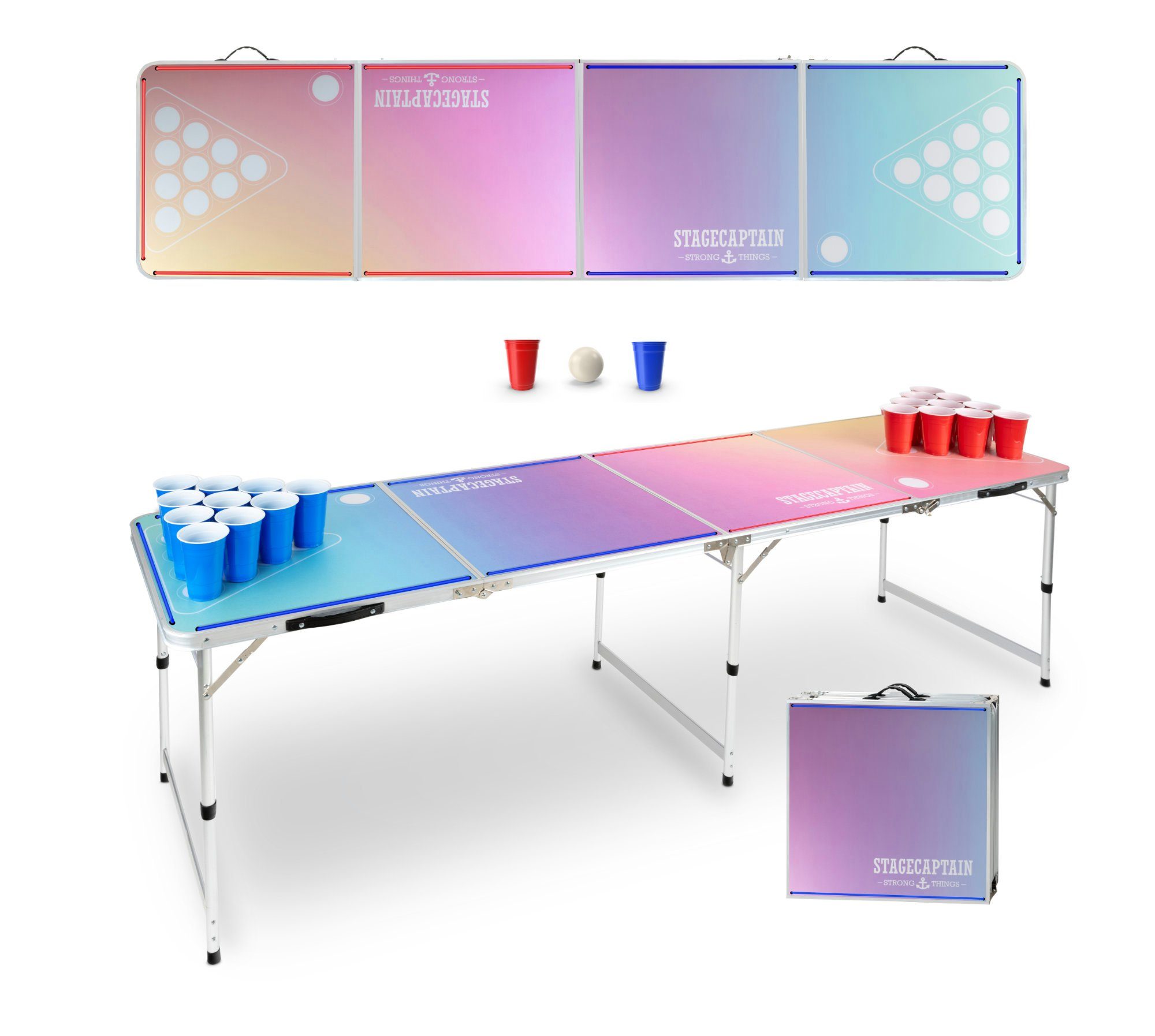 Stagecaptain Spieltisch Beer Pong Tisch “Club” - Bierpongtisch - Klapptisch  aus Alu, (Inkl. 90 Becher und 6 Bälle, 3-tlg), mit umlaufender  LED-Beleuchtung in Rot und Blau