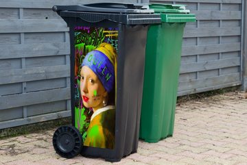 MuchoWow Wandsticker Mädchen mit Perlenohrring - Graffiti - Neon (1 St), Mülleimer-aufkleber, Mülltonne, Sticker, Container, Abfalbehälter