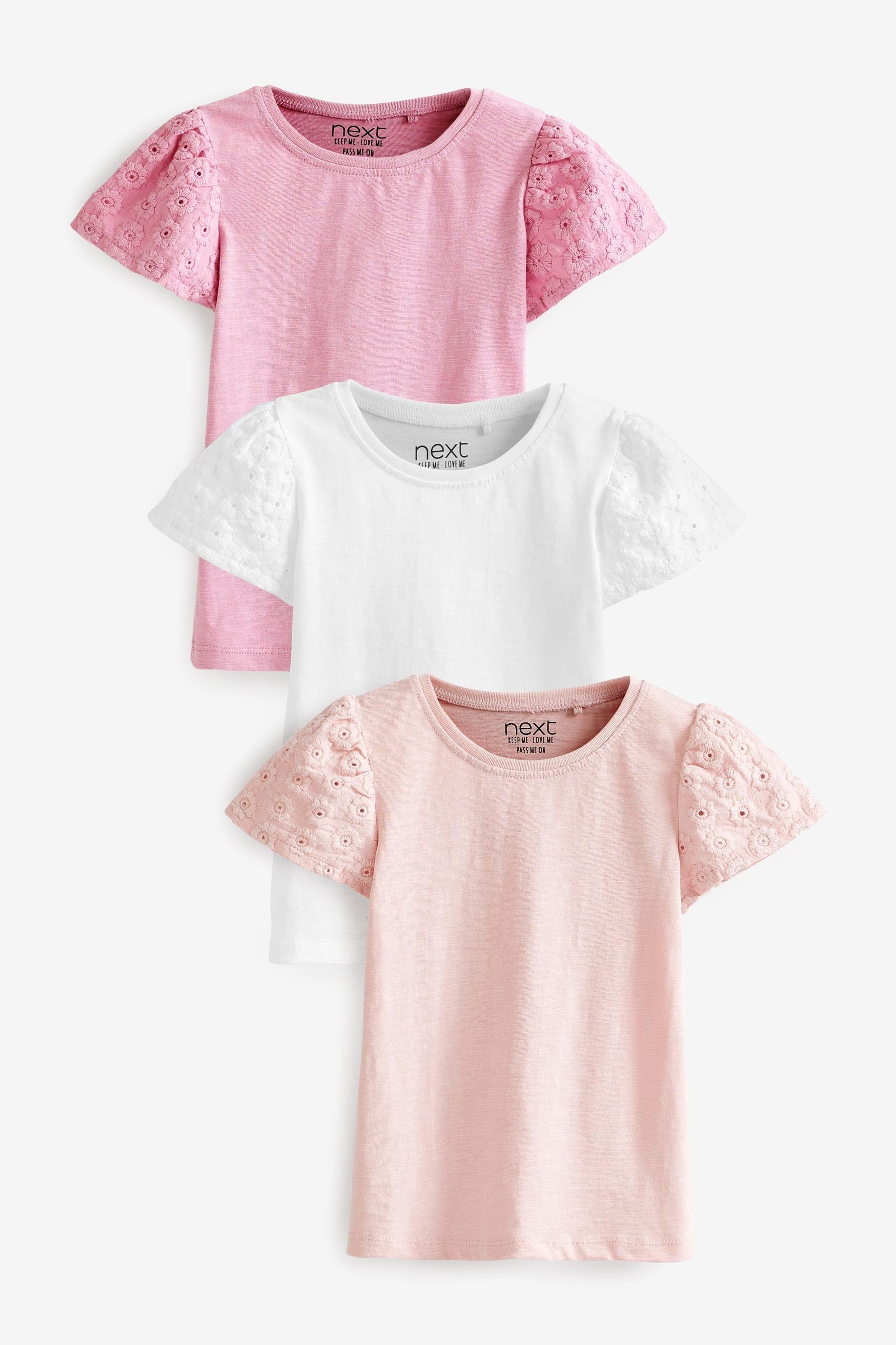 Next Langarmshirt Bestickte T-Shirts, 3er-Pack (3-tlg) Pale Pink