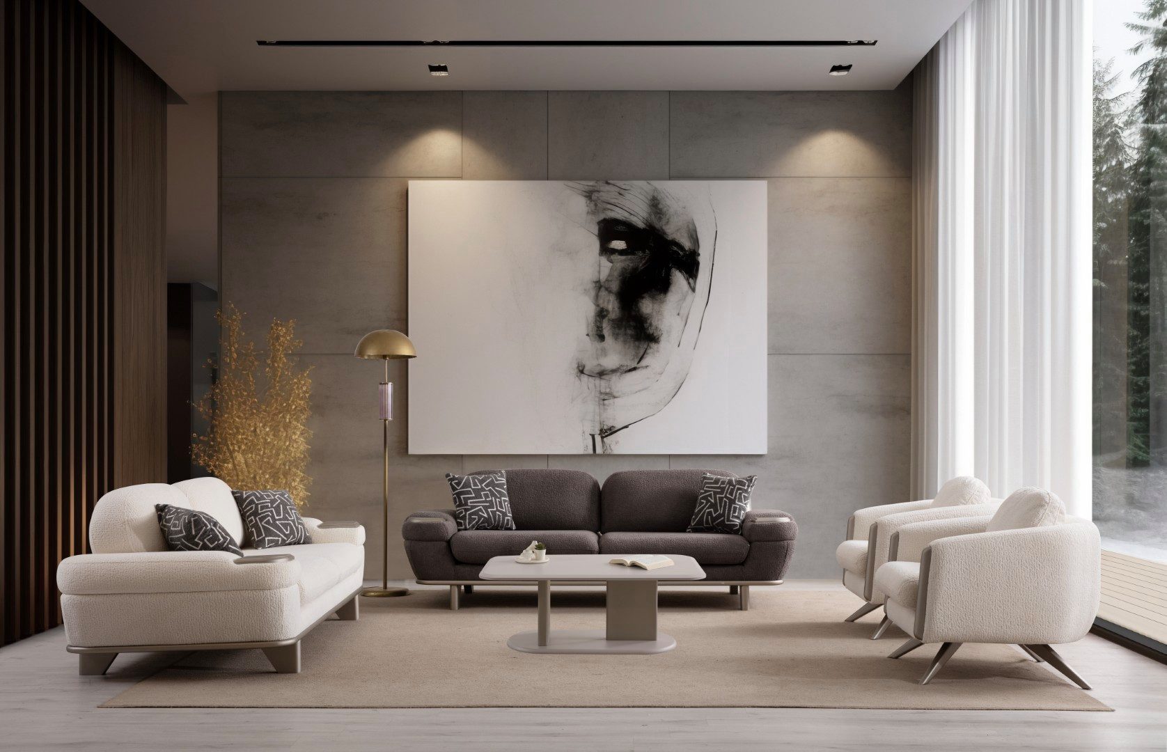 JVmoebel Polstergarnitur JVMoebel Weiß-Schwarze Wohnzimmer Garnitur mit Sessel und Tisch, (Set, 5-tlg)