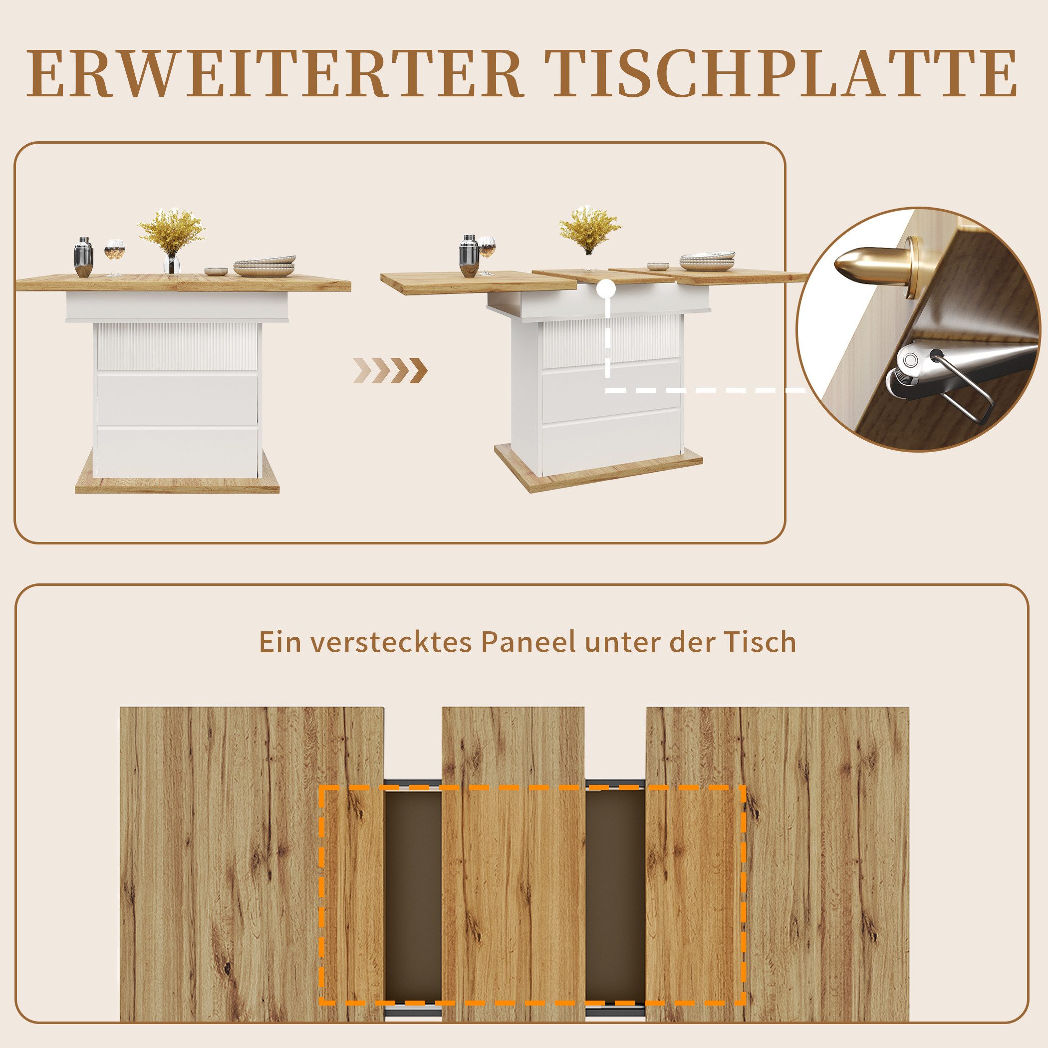 SeedWave Esstisch Ausziehbarer Küchentisch mit Erweiterter Tischplatte, Stauraum, Inkl. 1 geschlossenes Fach, 2 grifflose Schubladen
