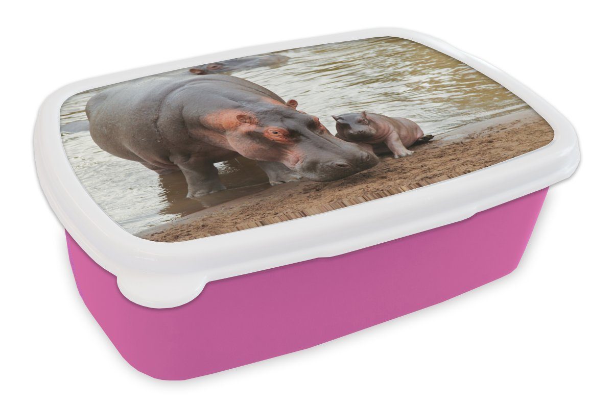 MuchoWow Lunchbox Tiere Nilpferde (2-tlg), - Brotbox Kunststoff, Baby, Kinder, für Erwachsene, Mädchen, Brotdose - Kunststoff rosa Snackbox