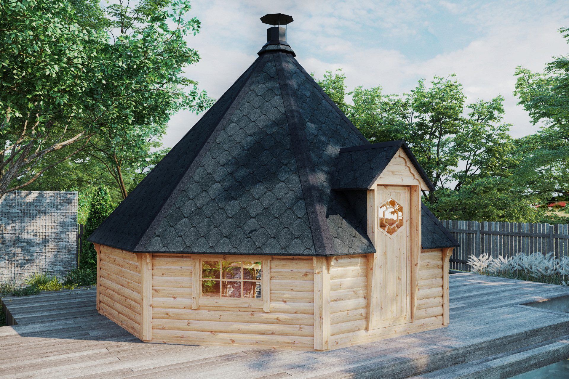 Finn Art Blockhaus Grillkota Grillpavillon 8-eckig Elegance 25 max. 28 Personen, BxT: 545x545 cm, Schindeln schwarz, mit Grillanlage, mit 18 mm Fußboden