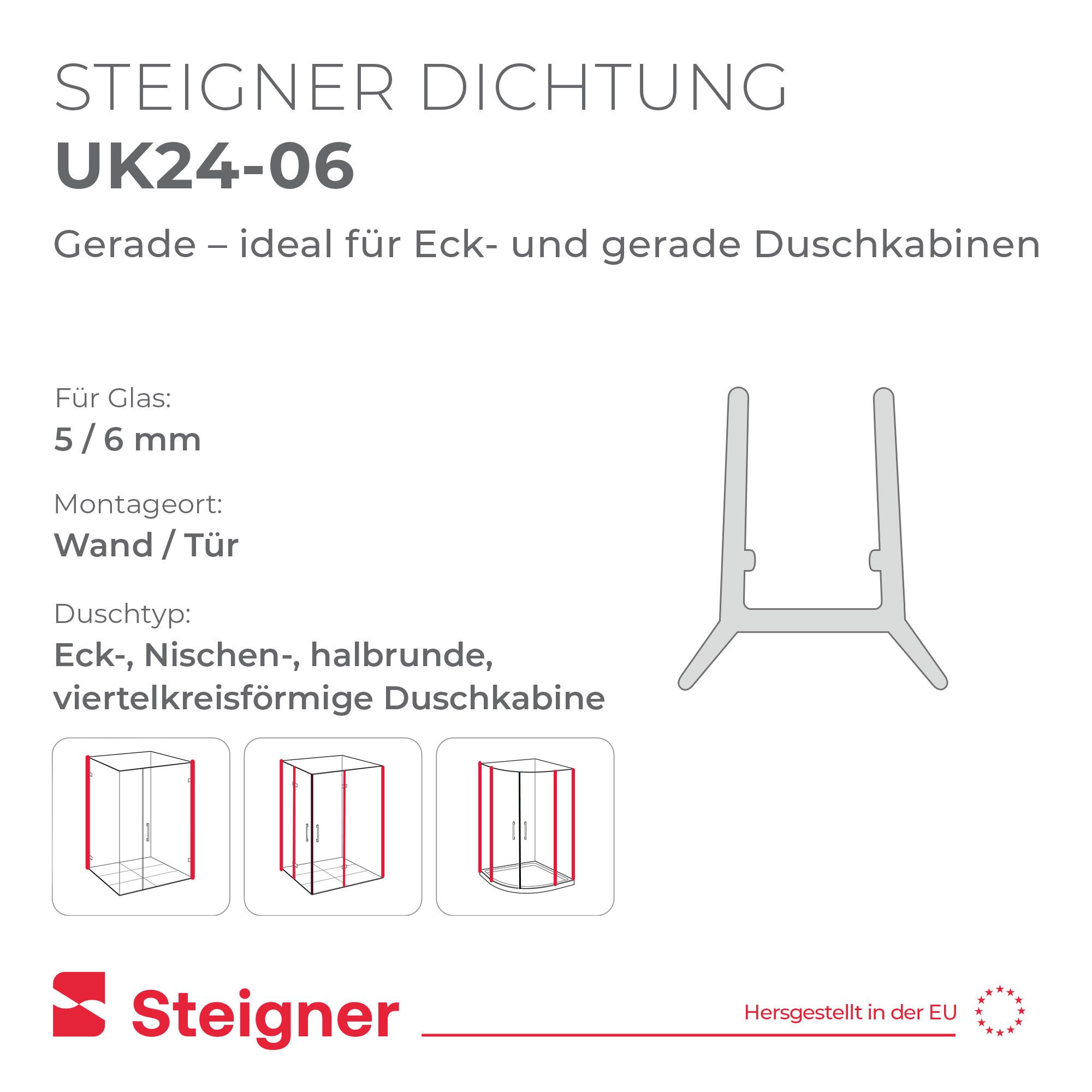 STEIGNER Duschdichtung Duschtürdichtung Gerade UK24-06 30 cm (1 Stk) Transparent 5-6 mm, L: 30 cm, (1 Stück Packung, Einzeldichtung), Dichtung für Eckeinstieg D – Bild 2 von 5