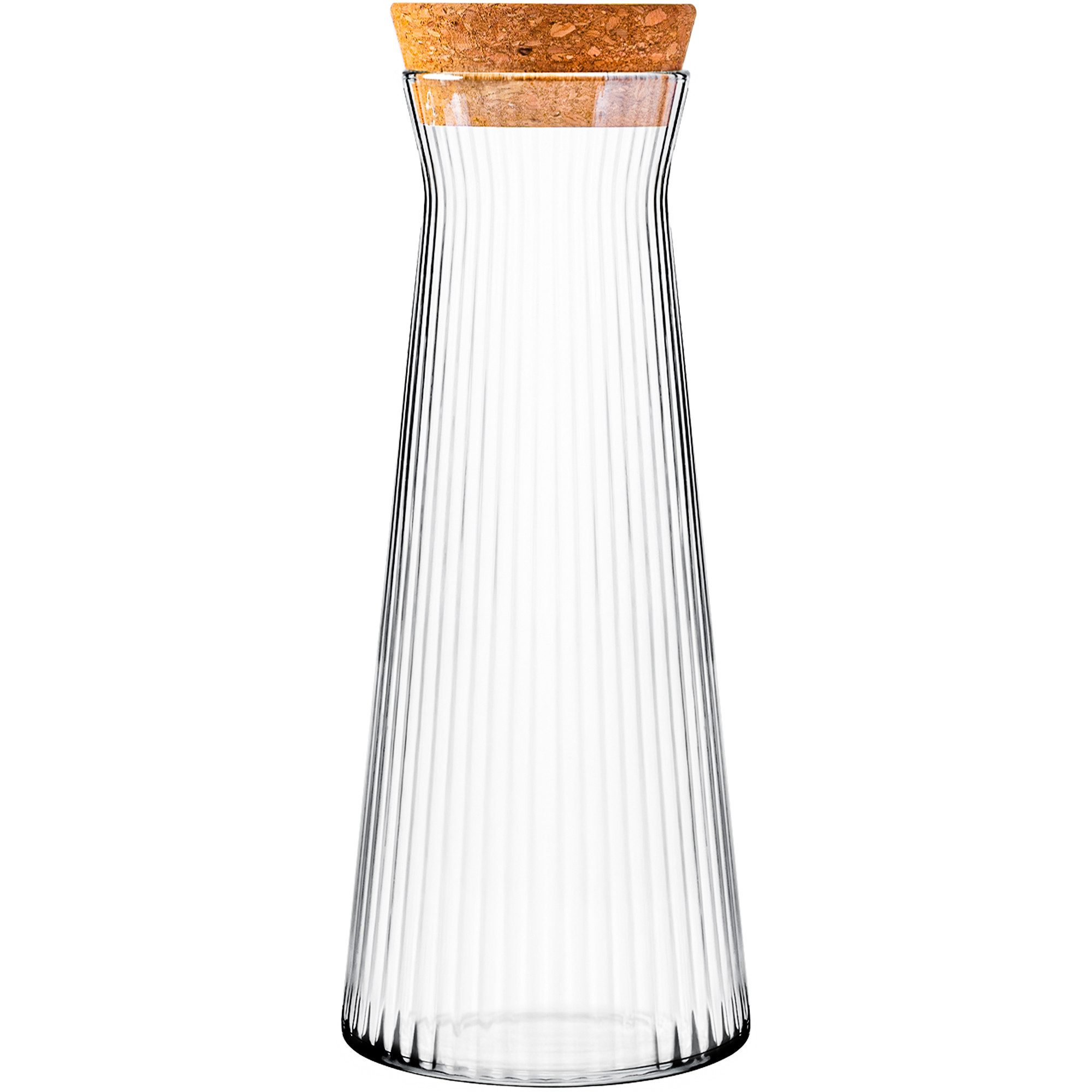 KONZEPT Wasserkaraffe 1 Liter, robustes geriffeltes Glas, BPA-frei, mit Korkverschluss, zum Servieren von Wasser, Wein, Säften sowie als Vase