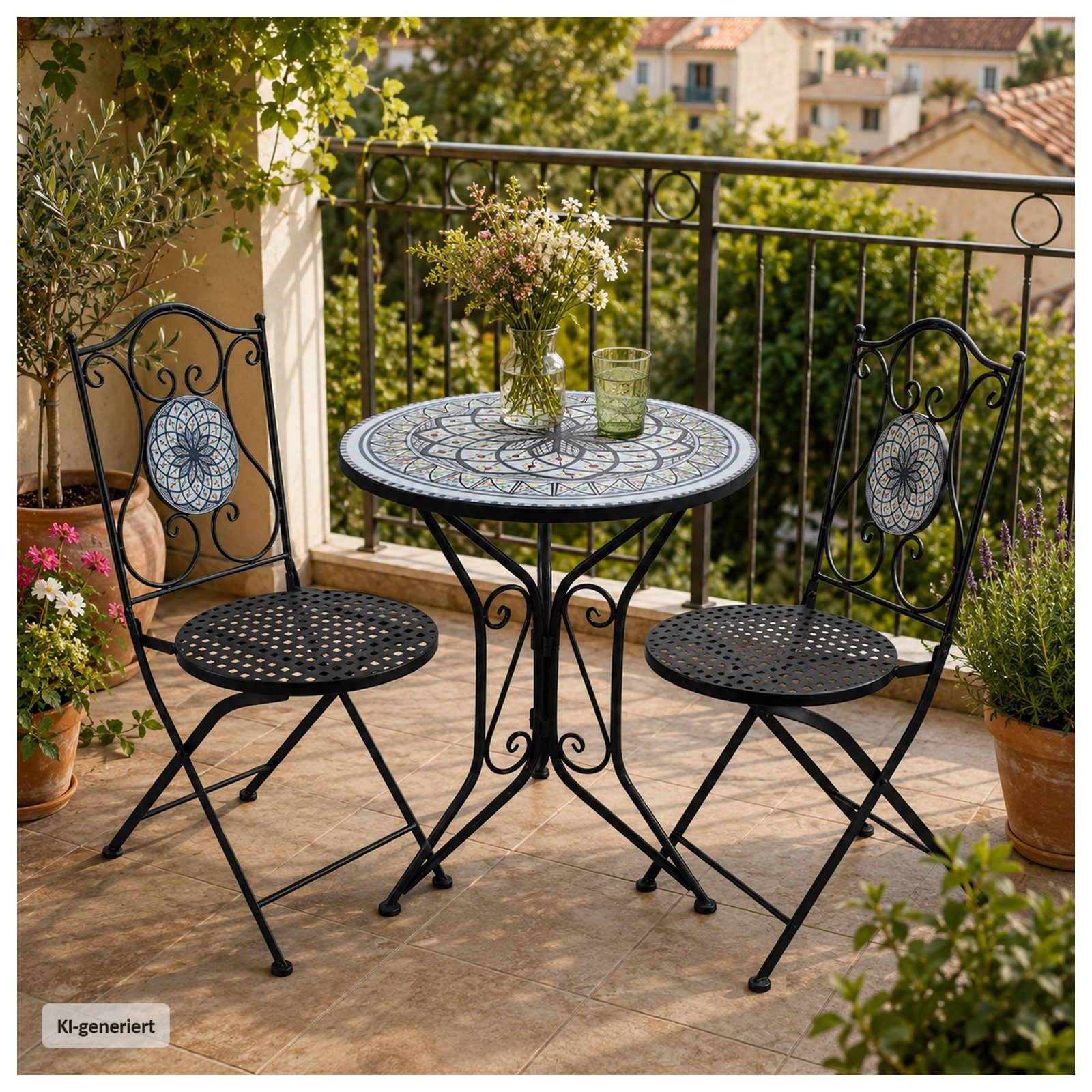HTI-Living Garten-Essgruppe Sitzgruppe Metall Bistro Set mit Motiv Byzanz für Balkon und Terrasse, (Set, 3-tlg., 1 Tisch 2 Stühle), Sitzgruppe Essgruppe Balkonset