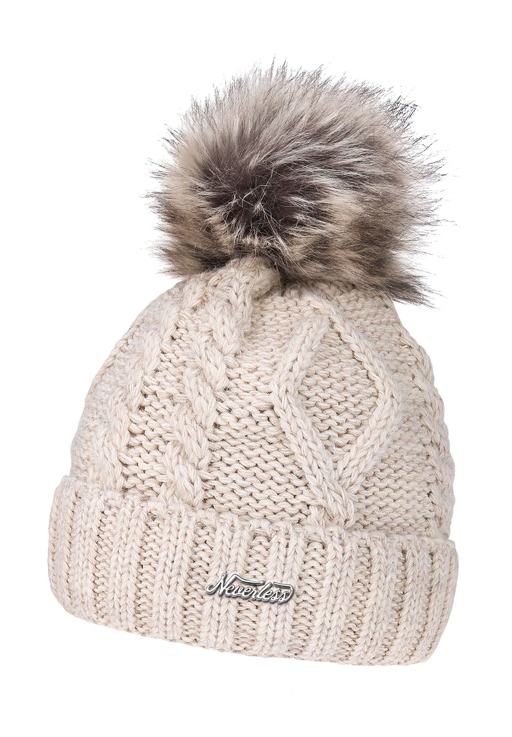 Neverless Bommelmütze gefütterte Damen Strickmütze Fell-Bommel Fleece-Futte günstig online kaufen