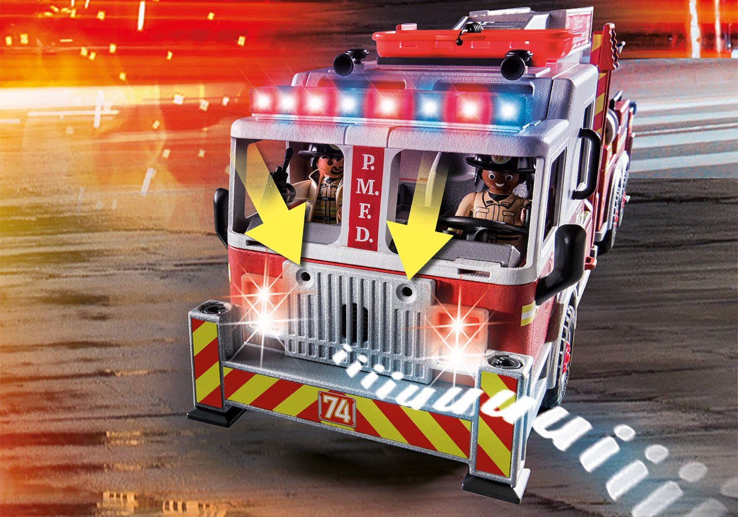 Konstruktions-Spielset Feuerwehr-Fahrzeug: Licht- Made (70935), Germany (113 und Ladder Action, Soundeffekten, US in Playmobil® City Tower mit St),