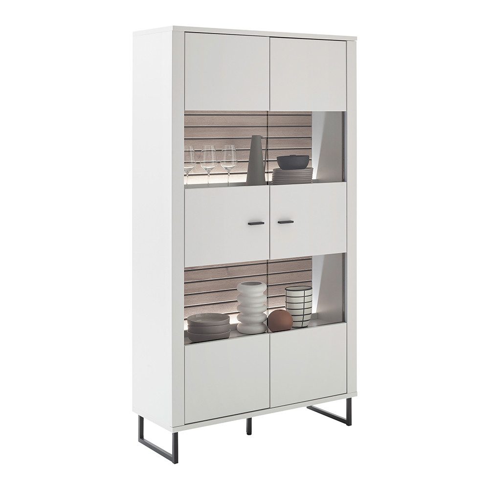 Lomadox Vitrine LAUREANA-05 Vitrinenschrank, weiß mit Eiche, inkl. LED-Beleuchtung, montiert