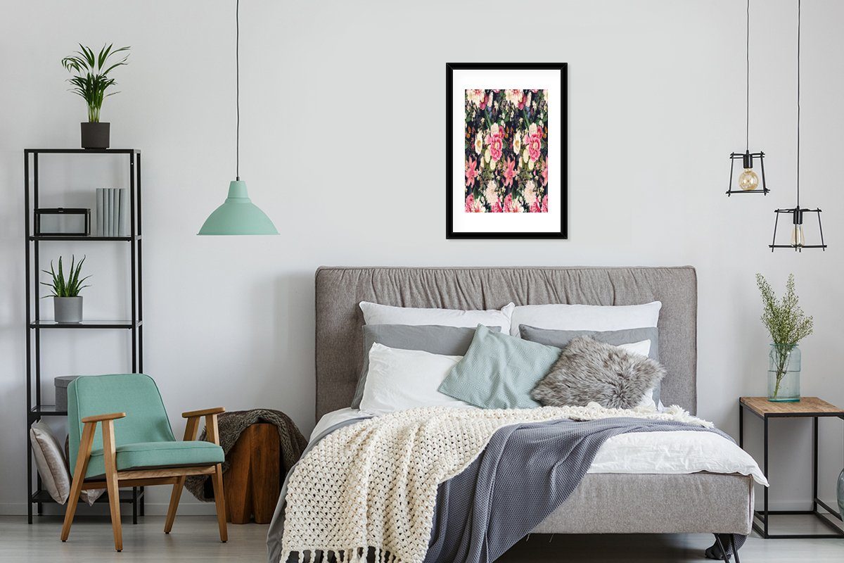 MuchoWow Blumen mit Anemone - Kunstdruck, Rahmen, Bilderrahmen - St), Poster, Poster - Collage, Lilie Schwarzem Gerahmtes (1