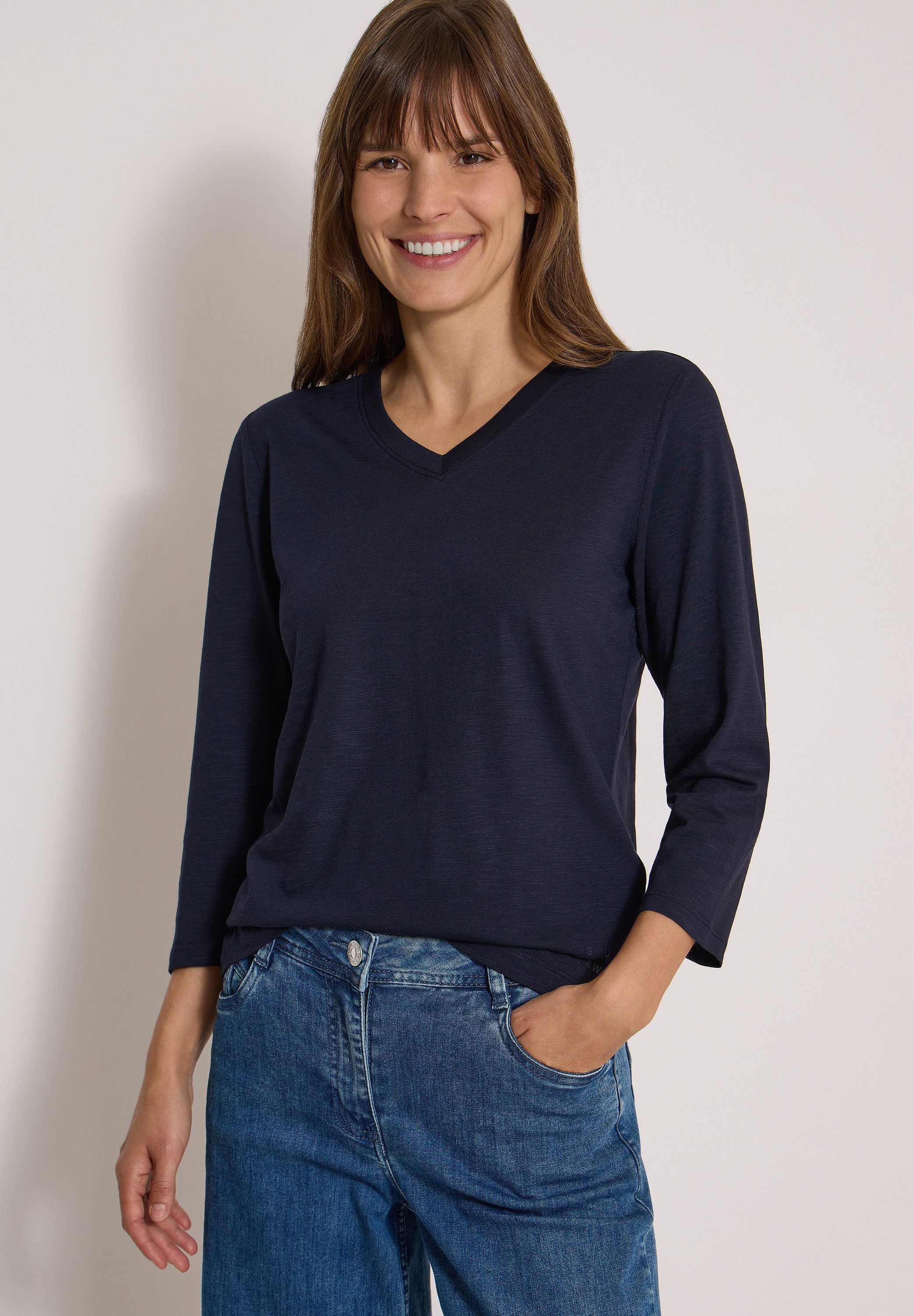 CECIL V-Shirt 3/4-Arm Shirt in Unifarbe mit V-Neck