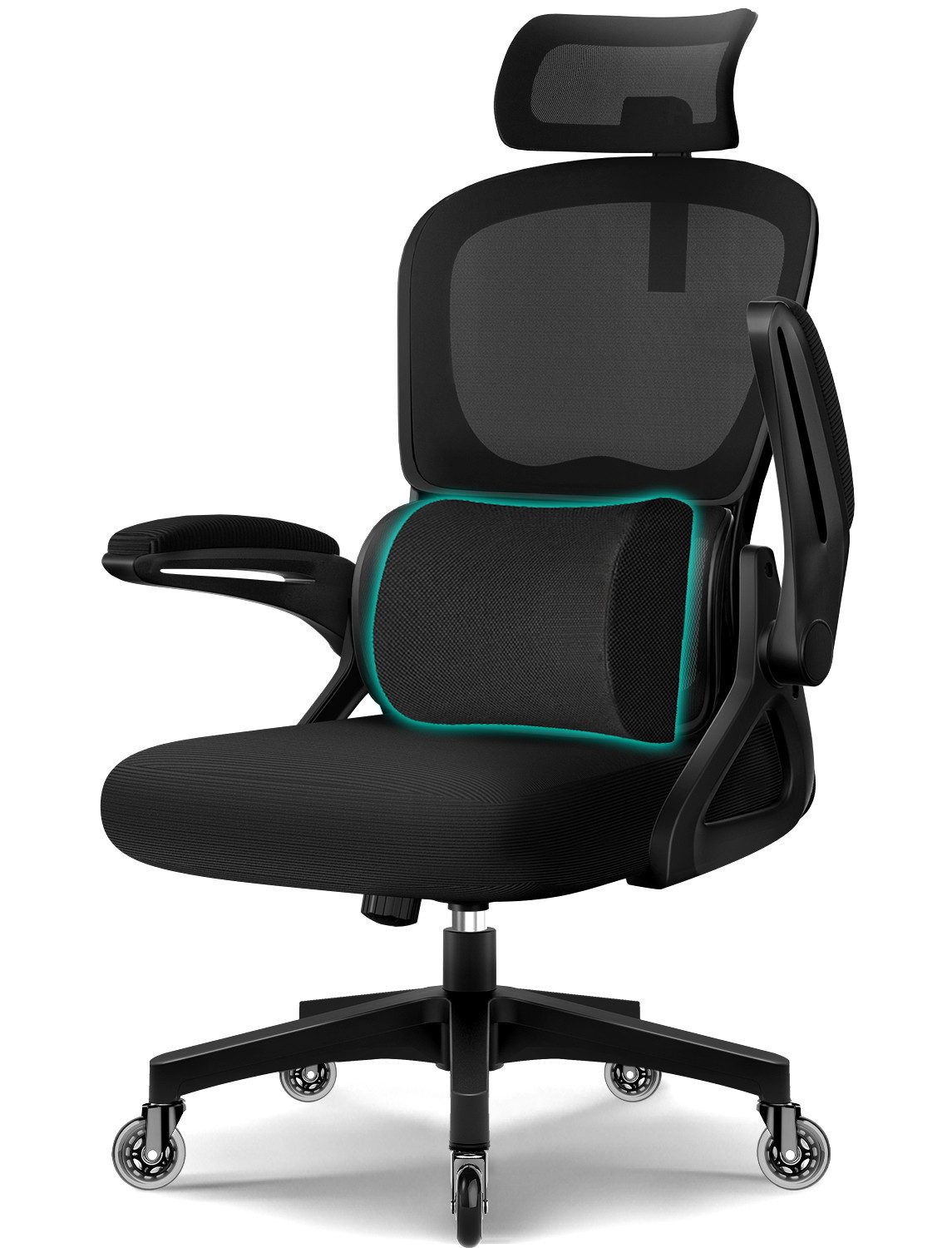 Homimaster Bürostuhl Bürostuhl, Schreibtischstuhl Ergonomisch mit Klappbaren Armlehnen (Bürostuhl mit Verstellbarer Kopfstütze, 90° Klappbare Armlehnen und Lendenwirbelstütze, Höhenverstellbarer Chefsessel aus Mesh), Bürostuhl mit maximaler Neigung von 135°, bis 150 kg belastbar