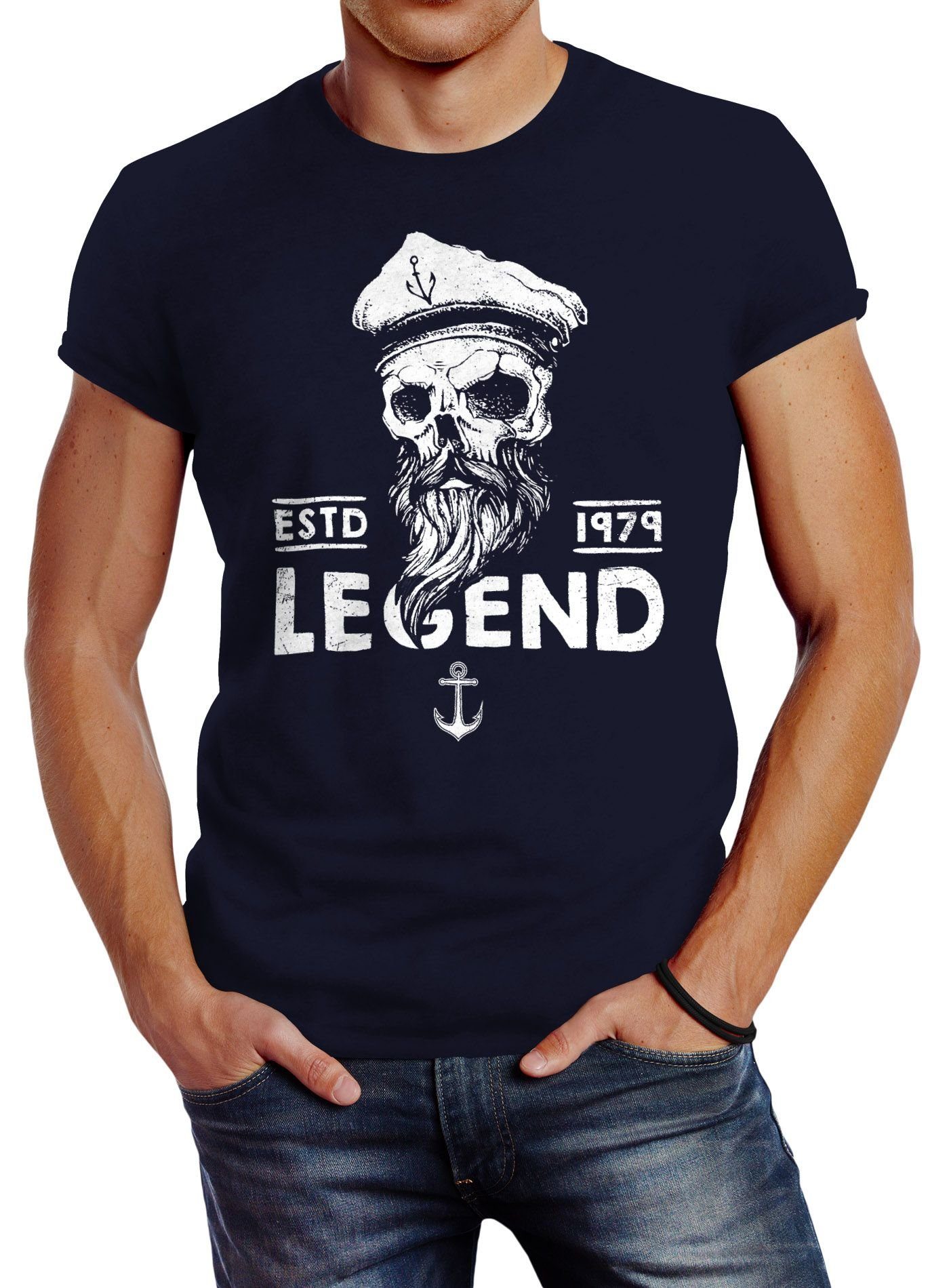Neverless Print-Shirt Herren T-Shirt Skull Captain Legend Totenkopf Bart Kapitän Slim Fit Neverless® mit Print navy | T-Shirts