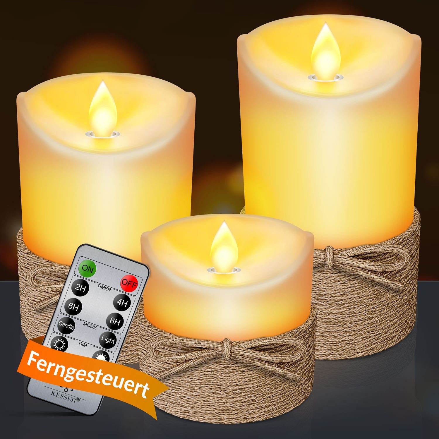 KESSER LED-Kerze, 3er Set Echtwachs Kerze Flammenlos mit Fernbedienung, Tim günstig online kaufen