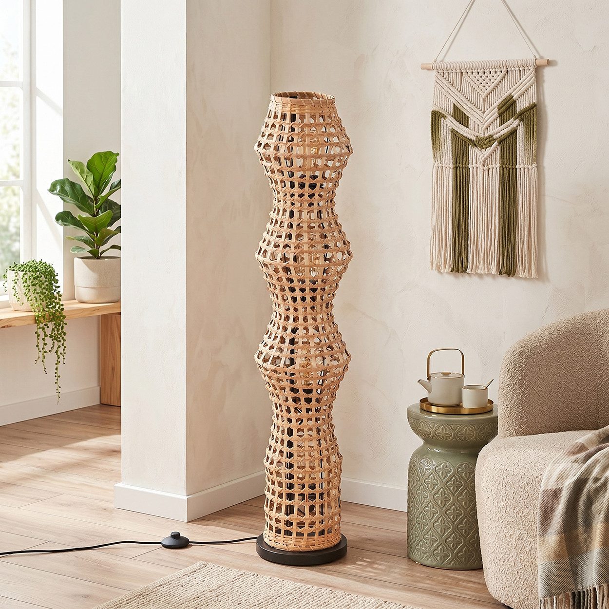hofstein Stehlampe Stehlampe im skandinavischen Design mit Schirm aus Rattan in Natur, ohne Leuchtmittel, Stehleuchte im Boho-Style mit Lichteffekt und Fußschalter, E27, 110 cm
