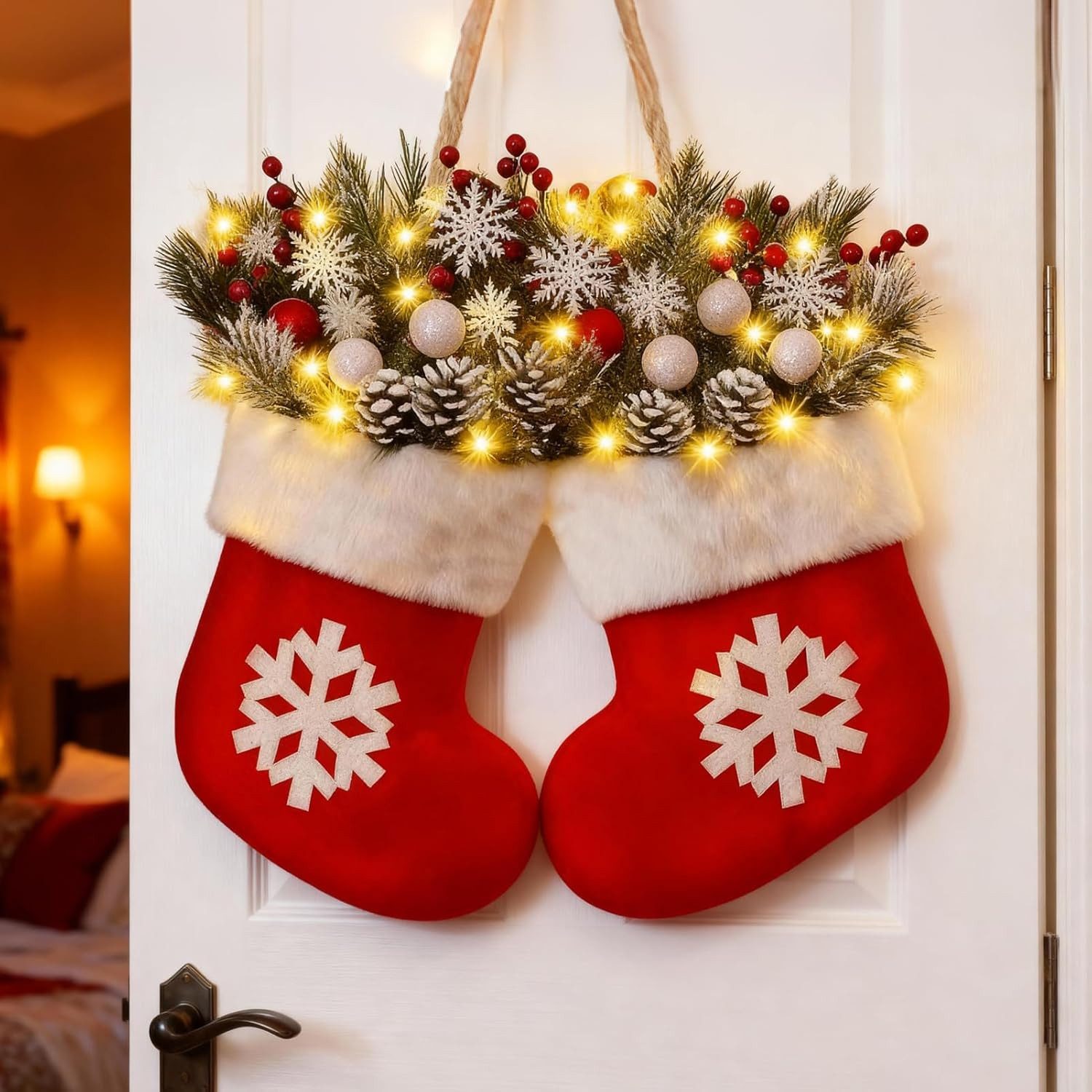 Kunstkranz Türkranz Weihnachten Beleuchtet, Hängende LED Weihnachtsdeko Haustür, Coonoor, für Haustür, Fenster, Wand Hängende Deko – Bild 4 von 5