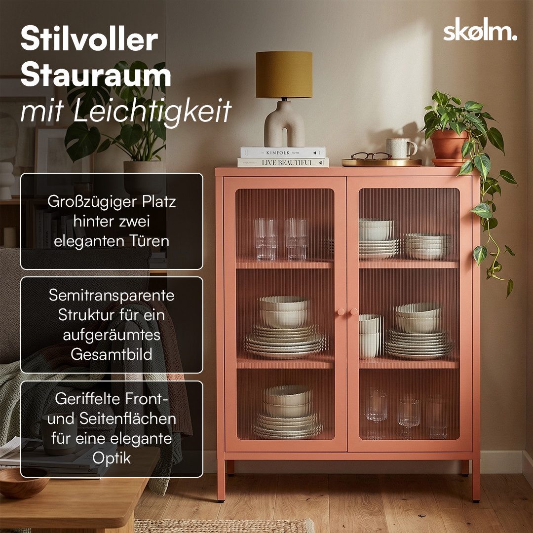 skølm Highboard Norns Vitrinenschrank mit Glastüren (terrakotta, bis 80 kg belastbar, kratzfest), Metallkommode mit verstellbaren Fächern, Sideboard 100x38x80 cm