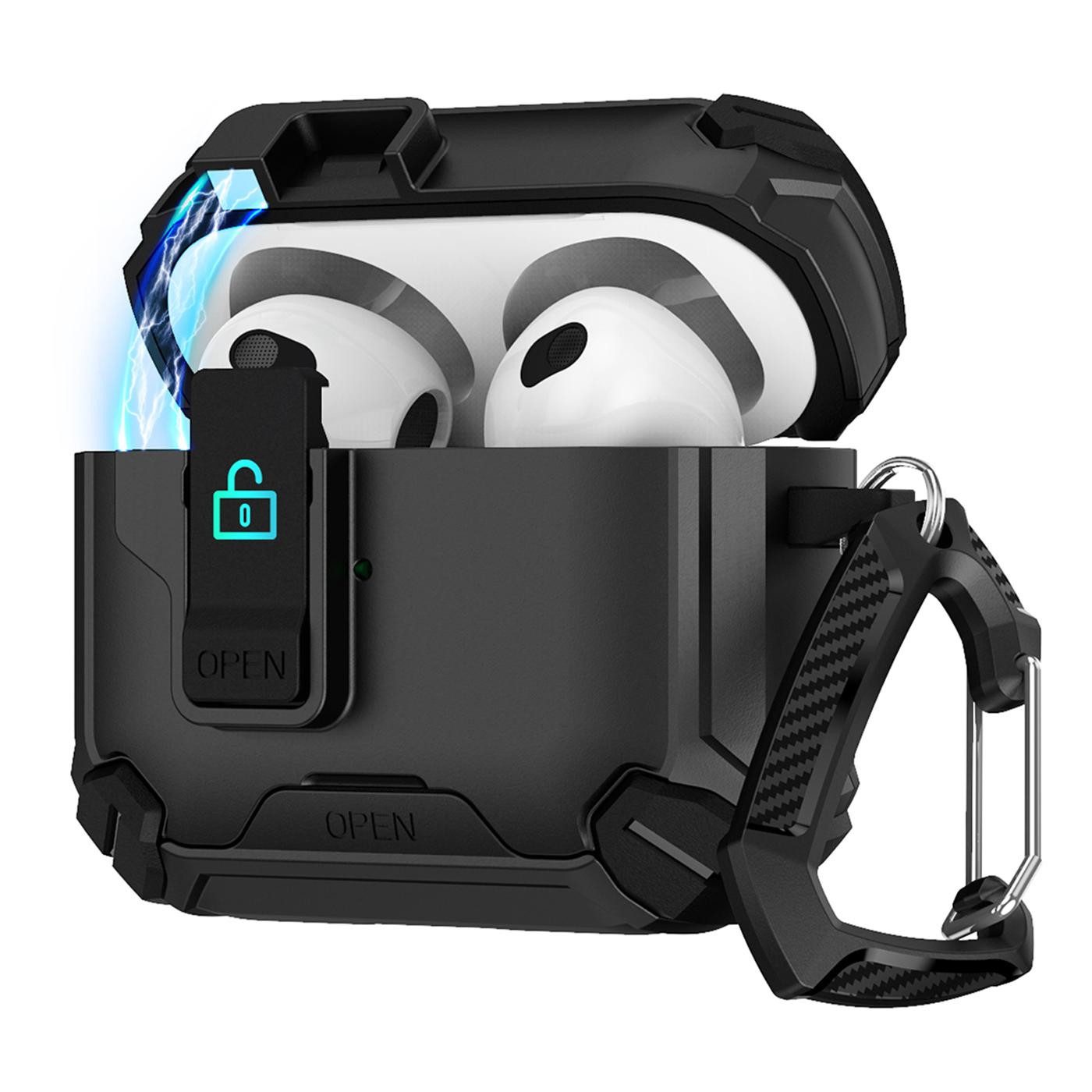 CoolGadget Kopfhörer-Schutzhülle Defender Hülle für Apple AirPods 4 magnetisch mit Karabiner, 360° Full-Body Case Schutzhülle Handy Standfunktion magnetisch ladbar