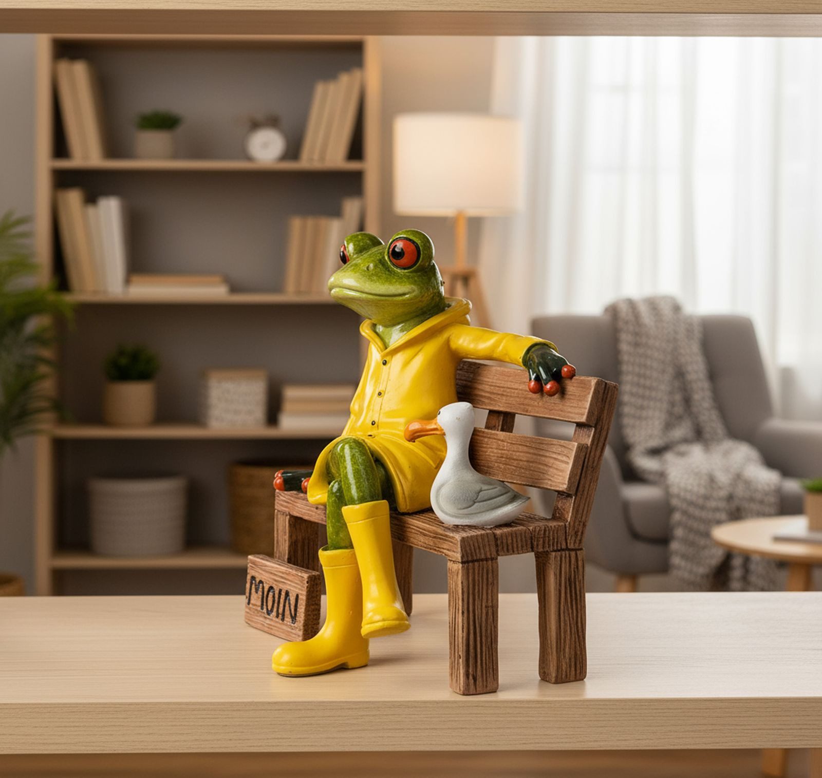 formano Sammelfigur Frosch auf Bank 13cm maritime Deko mit Moin-Gruß Möwe und Regenjacke