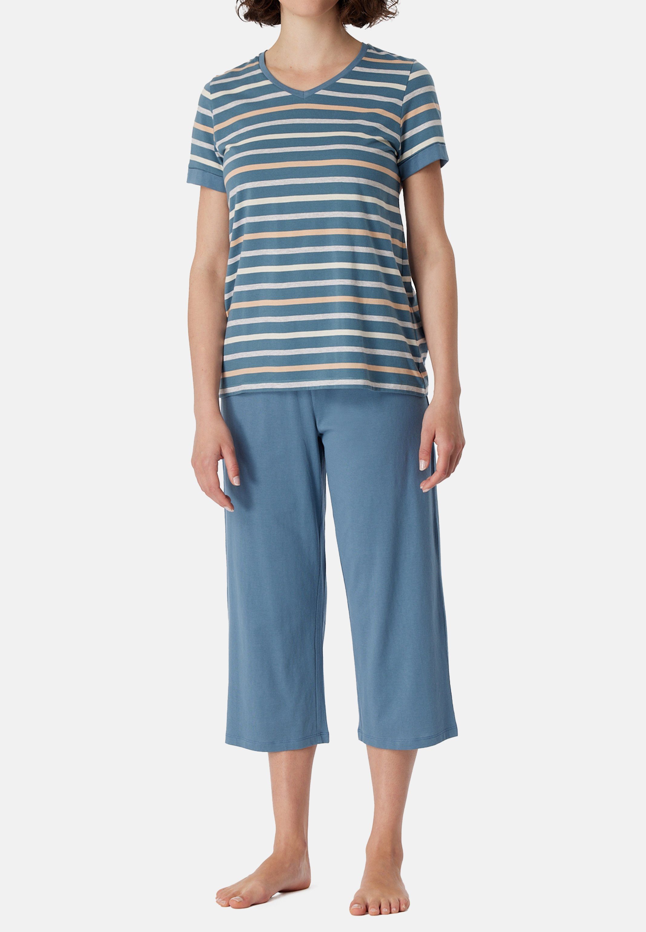 Schiesser Ärmeln - Baumwolle mit Pyjama und T-Shirt Casual Essentials (Set, Schlafanzug 3/4-Hose, - aus Set Atmungsaktiv - 2 Shirt tlg) umgeschlagenen