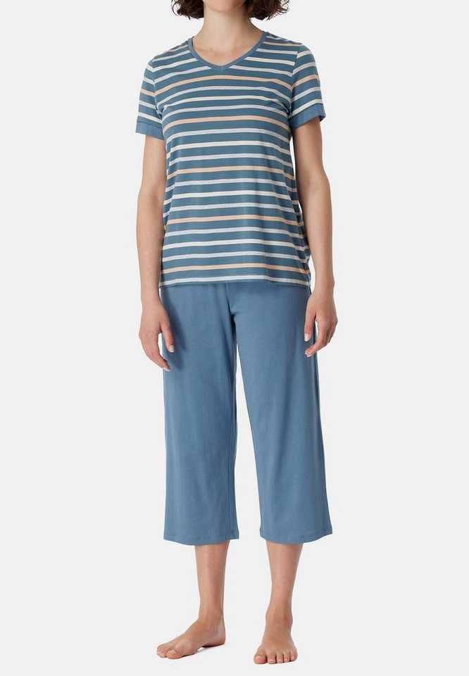 Shirt - aus (Set, Schiesser 3/4-Hose, Essentials Atmungsaktiv T-Shirt umgeschlagenen Baumwolle Casual Pyjama - mit 2 Set und - Ärmeln tlg) Schlafanzug