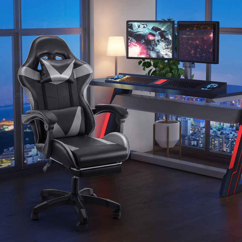 iscooter Gaming-Stuhl Gaming Chair mit RGB-LEDs, verstellbarer Rücklehne mit Fußstütze, Bürostuhl Massage Lendenkissen, Ergonomischer Gamer Stuhl, bis 150kg